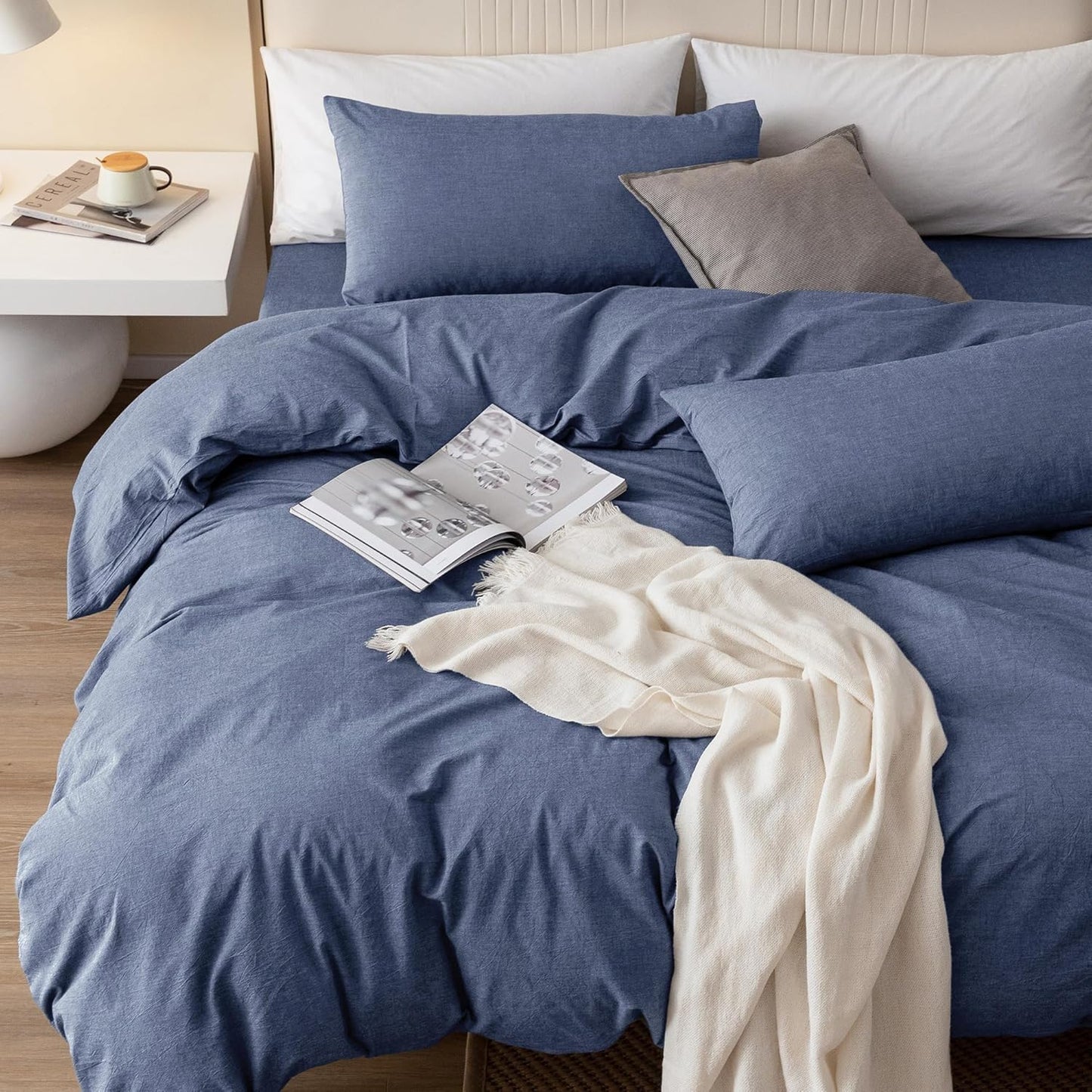 JIYUAN 100% Washed Cotton Duvet Cover Set 3 Pieces Oversized King, 1 Duvet Cover 120x98 Inches(Comforter Not Included) and 2 Pillowcases,Linen Like Comfy and Breathable,Heathered Blue
