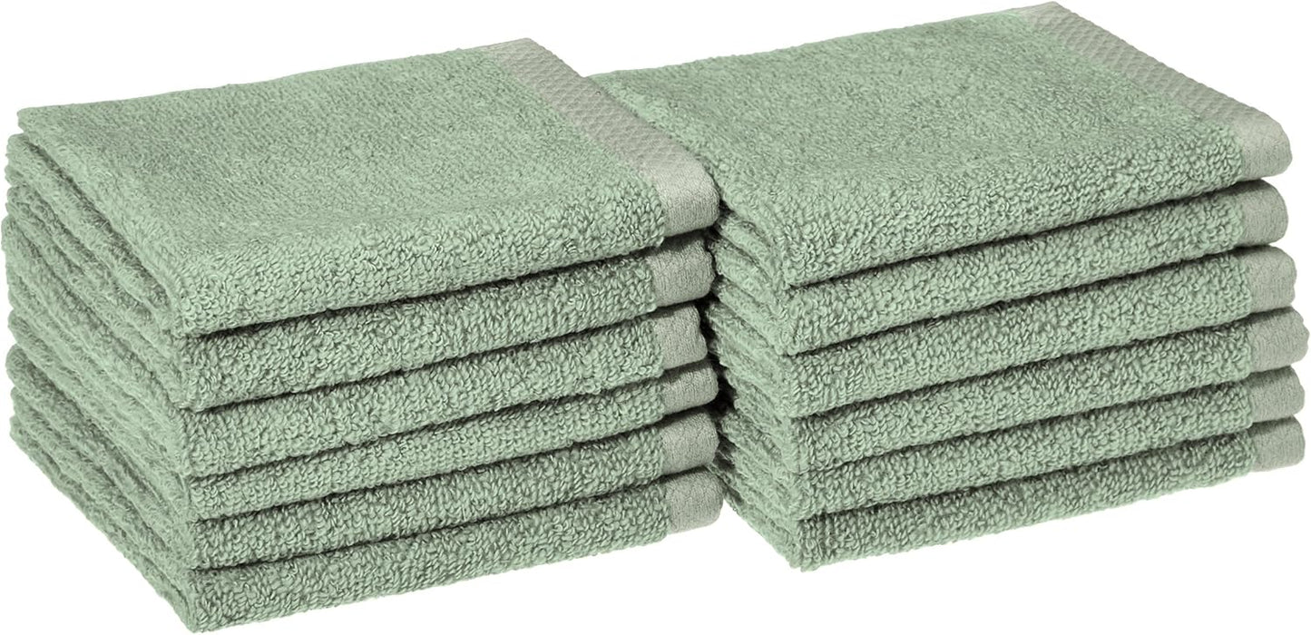 Amazon Basics Cotton Washcloths, Quick-Dry, 12" x 12", 12-Pack, Seafoam Green