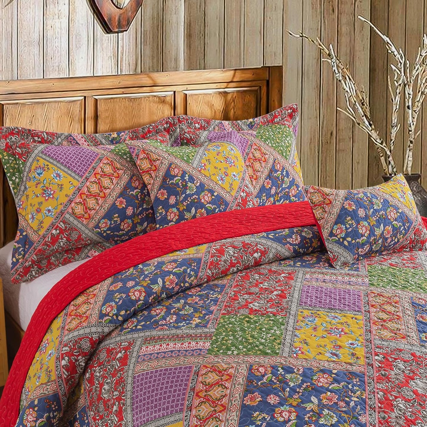 BEDIFANY Cotton King Quilt Set - Vintage Farmhouse Bedspread with Vibrant Floral Pattern, 3-Piece Lightweight Coverlet (98x106 Inch) + 2 Pillow Shams, All Seasons Multicolor Quilt Bedding Set