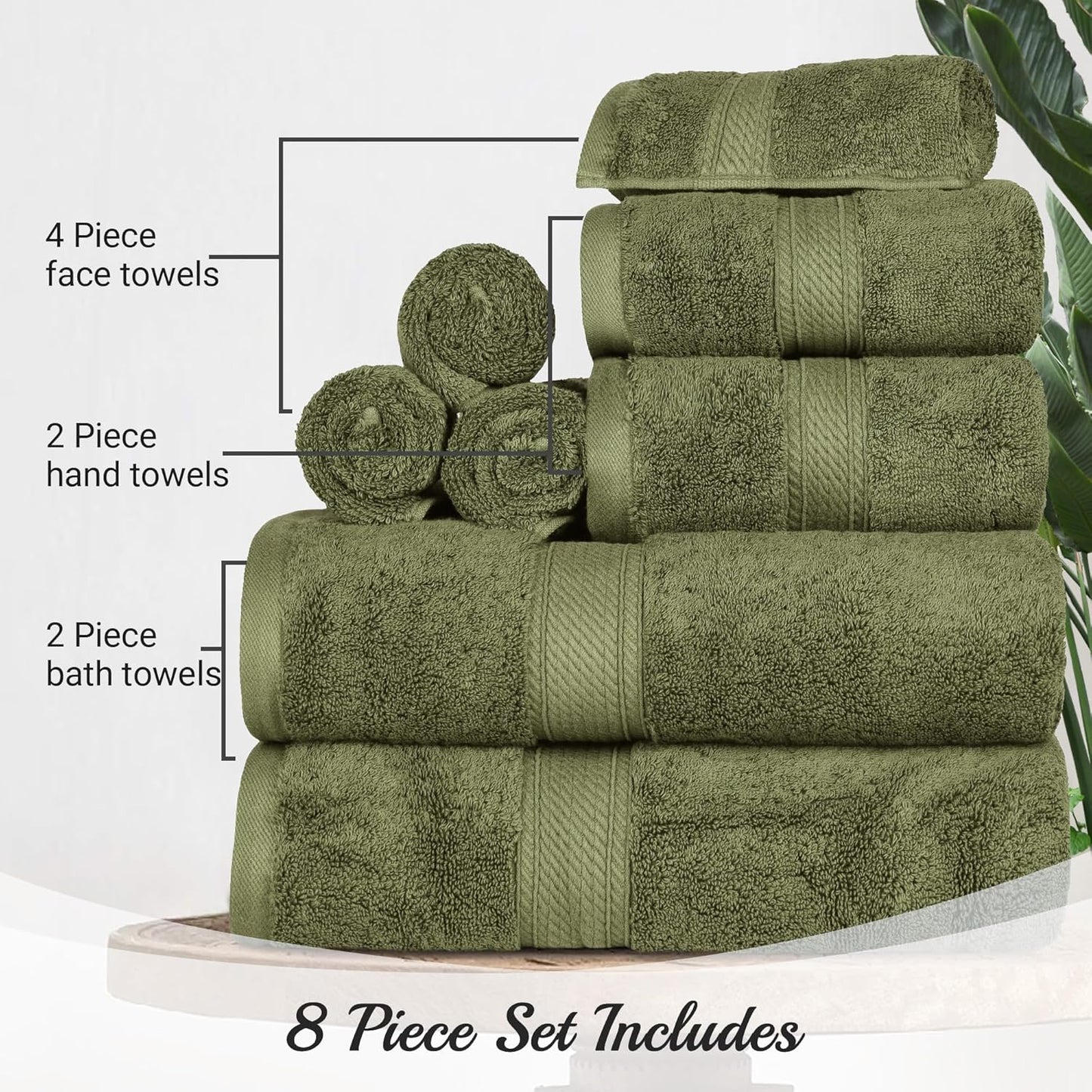 Superior Egyptian Cotton Pile 8 Piece Towel Set, Includes 2 Bath, 2 Hand, 4 Face Towels/Washcloths, Ultra Soft Luxury Towels, Thick Plush Essentials, Guest Bath, Spa, Hotel Bathroom, Forest Green