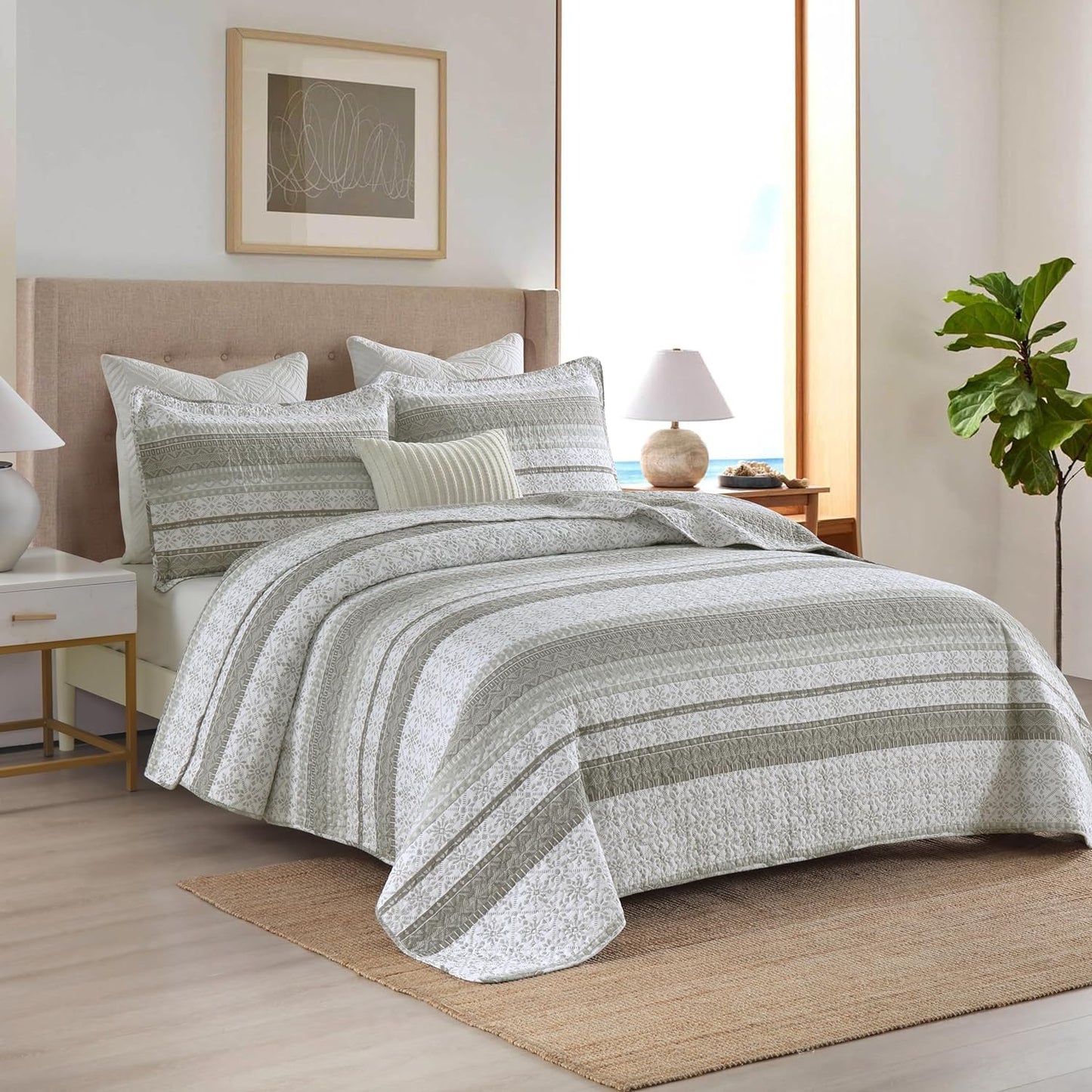 Homzard King Size Quilt Set, Grey White Snowflake Striped Comforter Set,Cotton Gray Bedspread King Size, Lightweight Comforter Fall Bedding 3 Piece All Season