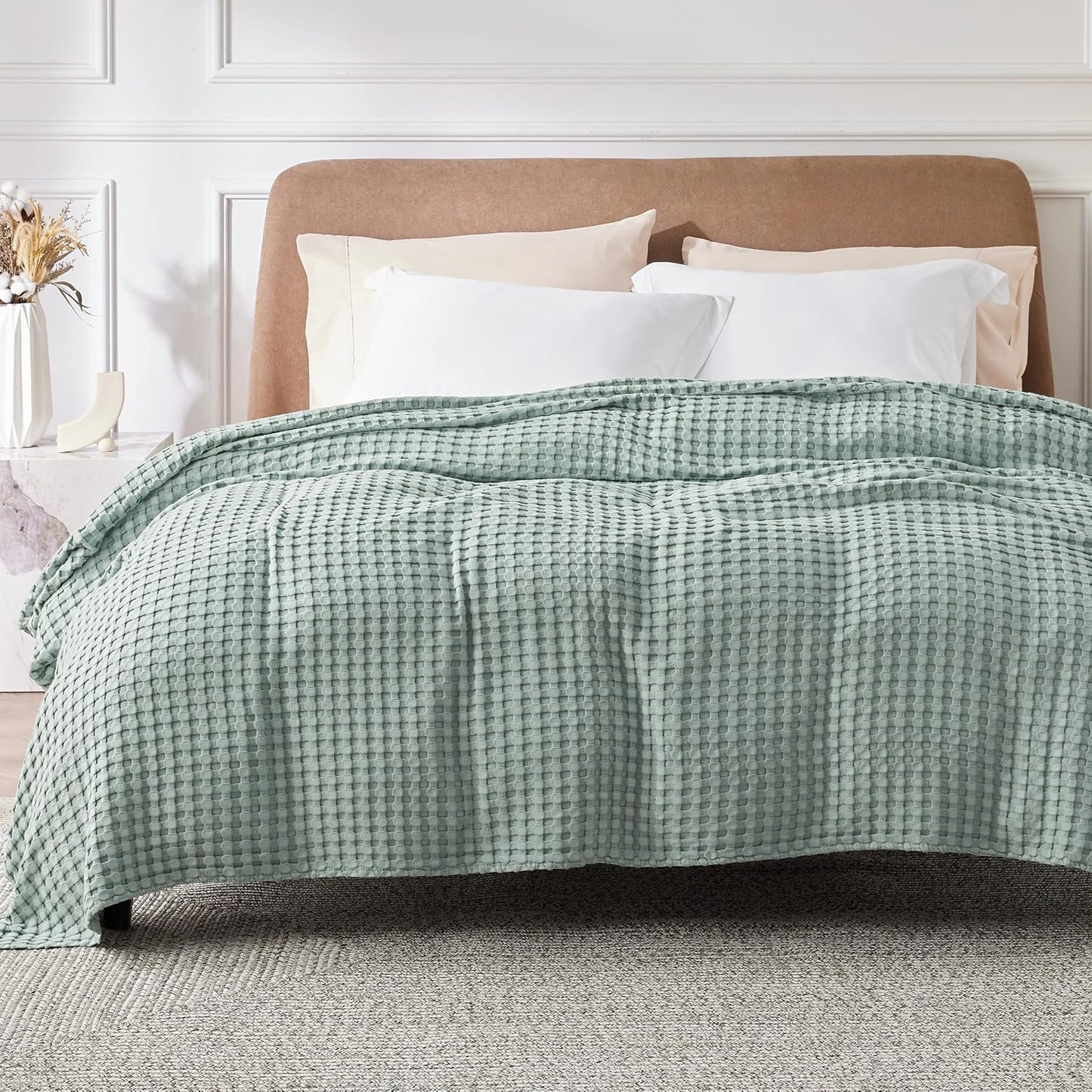 Bedsure Cooling Cotton Waffle Full Size Blanket - Lightweight Breathable Blanket of Rayon Derived from Bamboo for Hot Sleepers, Luxury Throws for Bed, Couch and Sofa, Mint Green, 80x90 Inches
