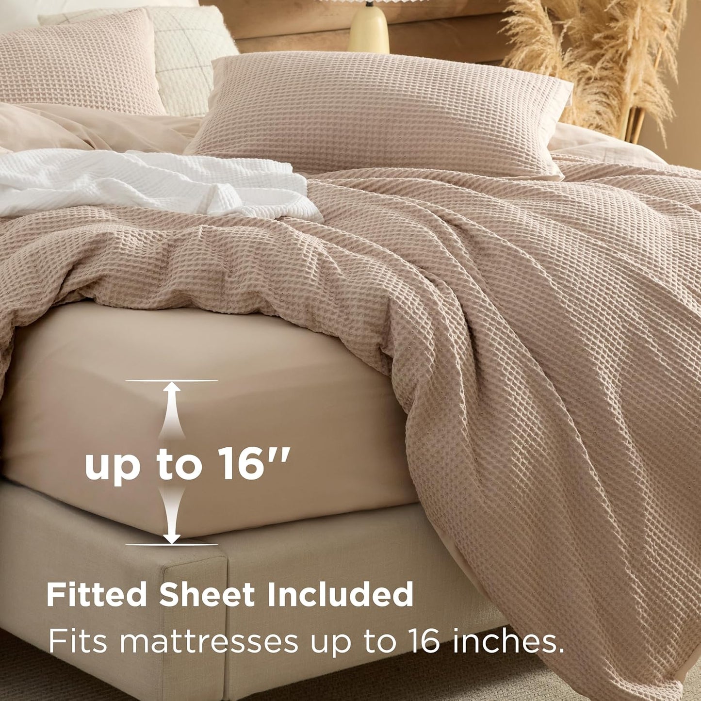 Bedsure 100% Cotton Duvet Cover King Size with Fitted Sheet - 4 Pieces Khaki Waffle Weave Bedding Set, GentleSoft™ and Breathable, Includes 1 Duvet Cover 104x90, 1 Fitted Sheet, 2 Pillow Shams