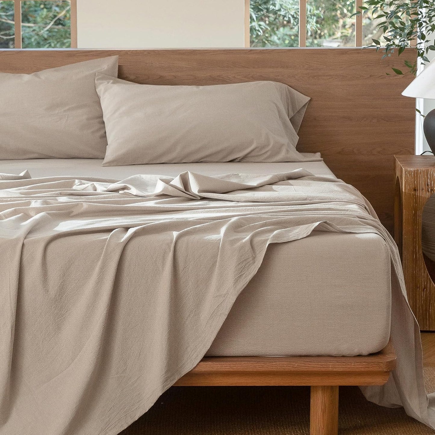 MooMee Bedding Sheet Set 100% Washed Cotton Linen Like Textured Breathable Durable Soft Comfy (Heathered Tannish Linen Grey, California King)