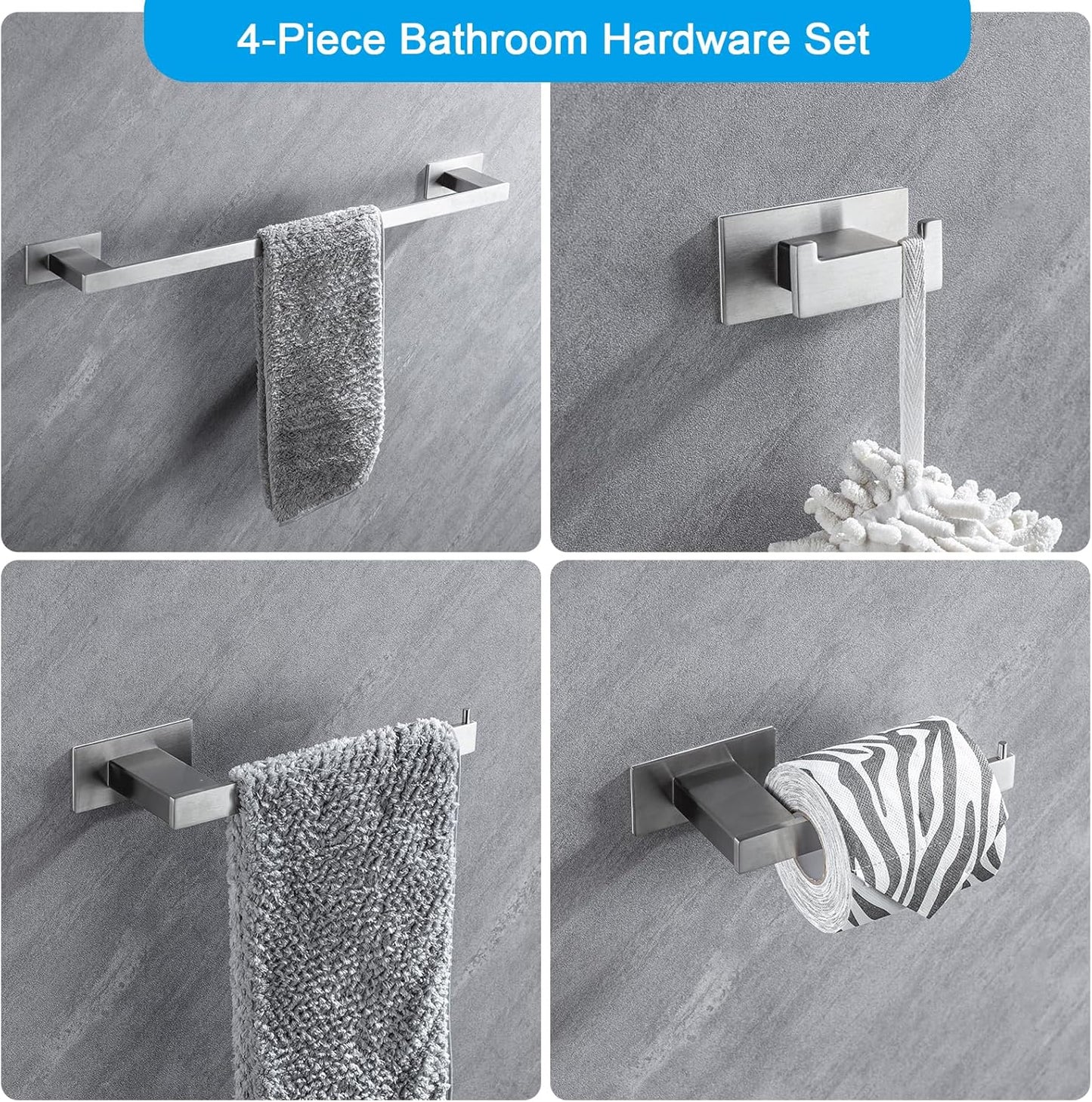 4-Pieces Bathroom Hardware Accessories Set, Towel Rack Towel Bar Toilet Paper Holder Towel Hook Self Adhesive Stainless Steel Towel Rack Set for Bathroom Wall Mounted, Brushed Nickel, 23 Inch