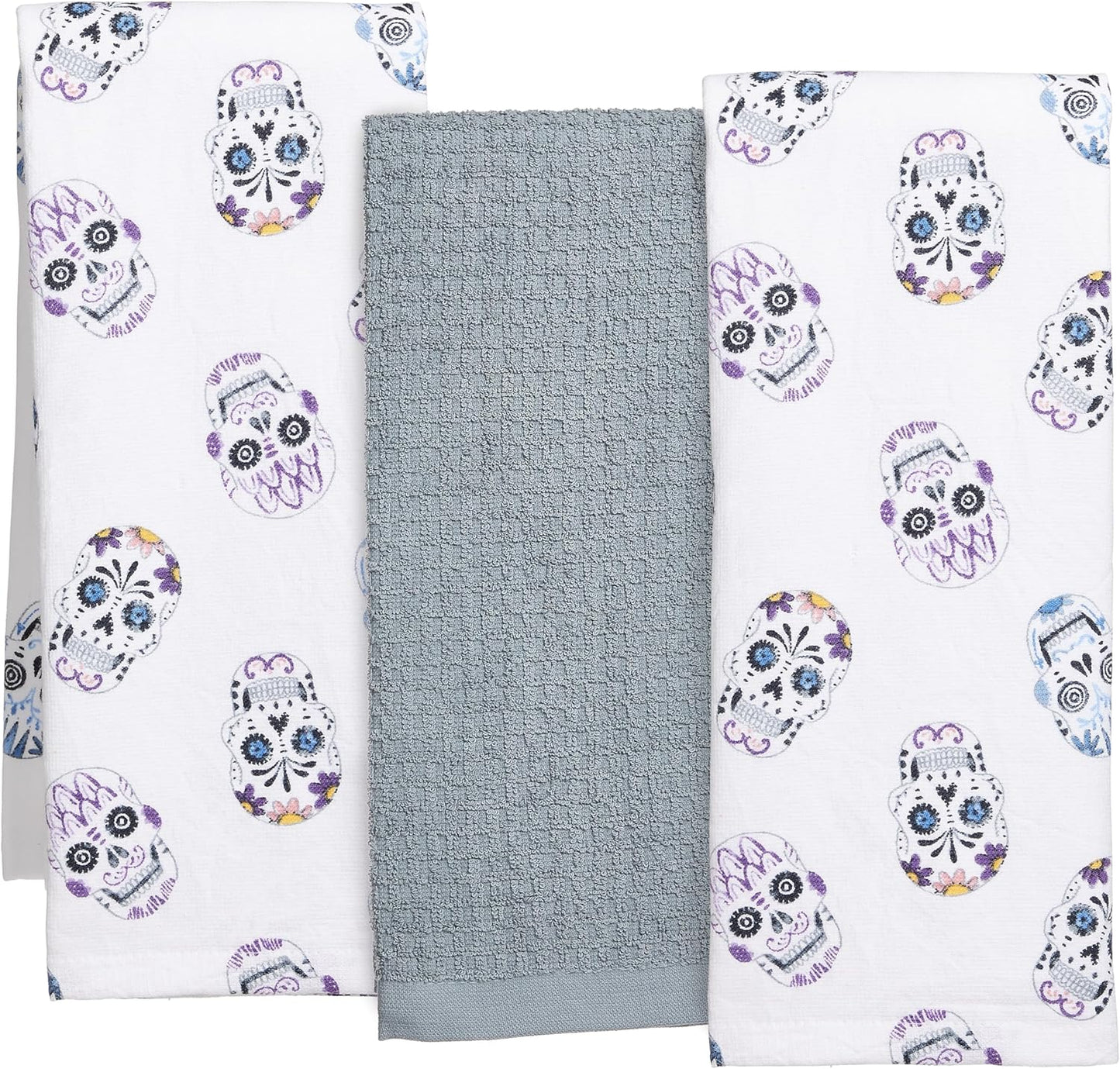 Rae Dunn Set of Hand Towels for Kitchen and Bathroom, 100% Cotton, Embroidered Dish Towels, Decorative Hand Towels, Skulls/Gray, 3 Pack