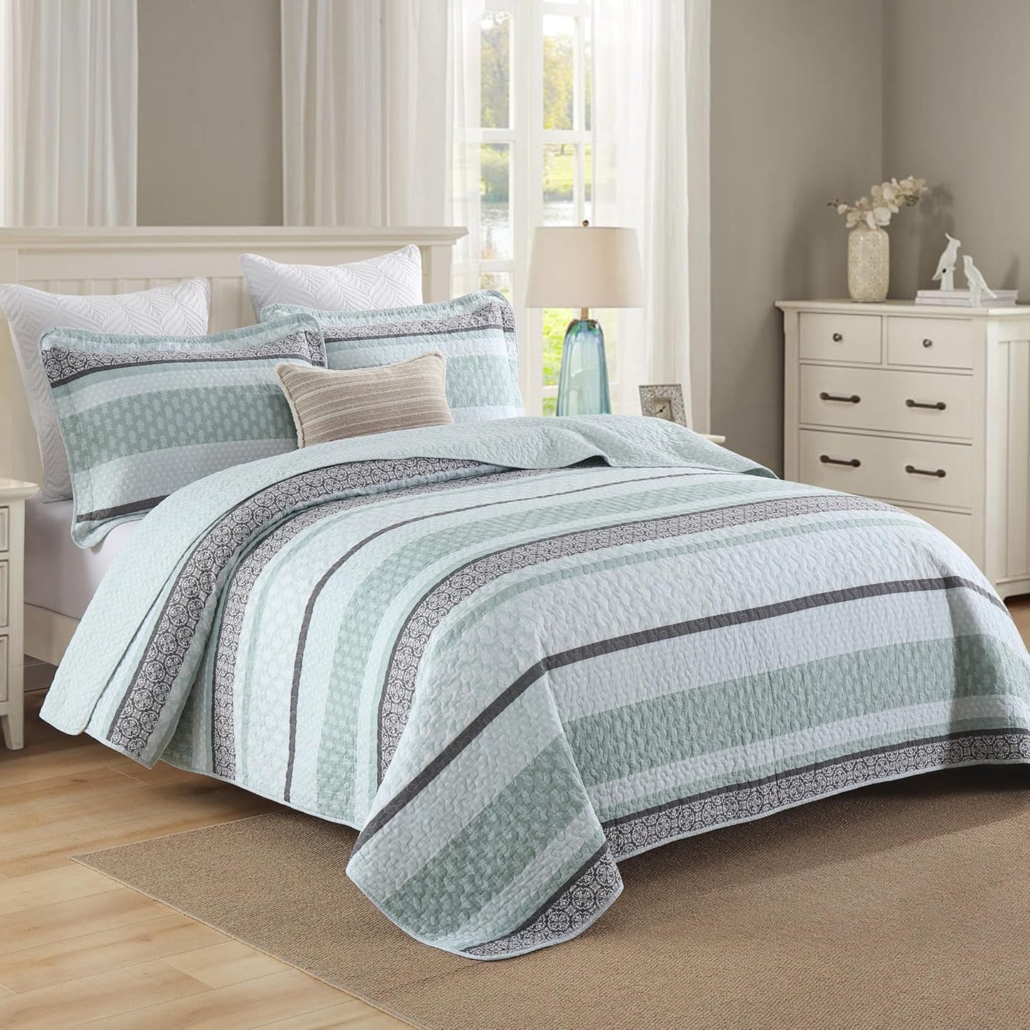 Homzard Quilts Queen Size,Cotton Queen Comforter Set,Mint Green Grey Bed Set,Striped Bedding,Lightweight Bedspreads All Season 3 Piece