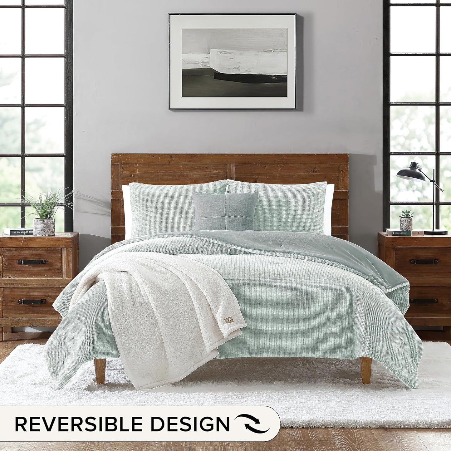 UGG Remina Comforter Set 5 Piece Bed in a Bag with Throw Blanket, Decorative Pillow, Shams, and Reversible Comforter Hypoallergenic Washable Luxury Fluffy Bedding Set, King, Blue Green Clear Creek