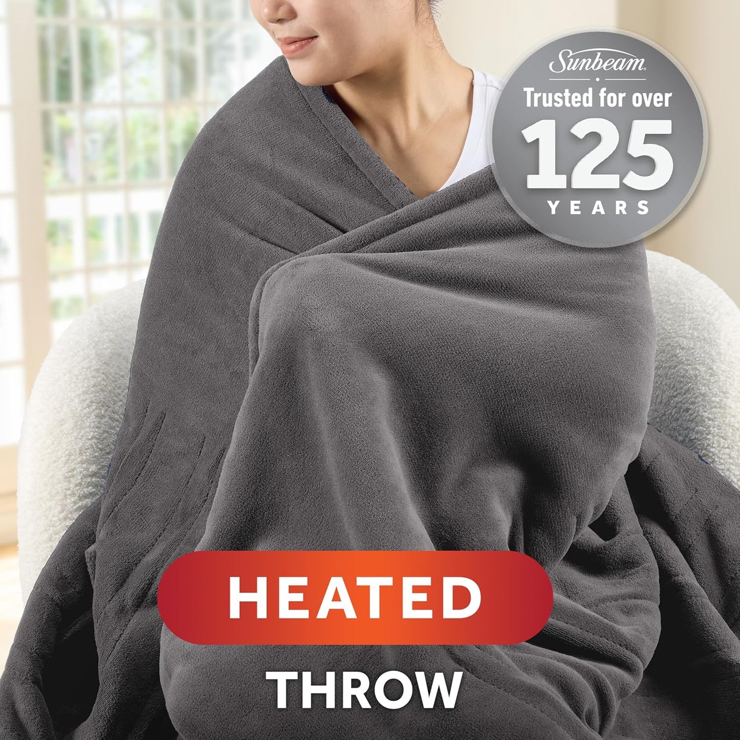 Sunbeam Electric Throw Royal Luxe Microplush Heated Blanket, 4 Heat Settings, 4-Hour Auto Shut-Off, Fast Heating, Warm and Cozy, Dove Grey Color, 50" x 60"