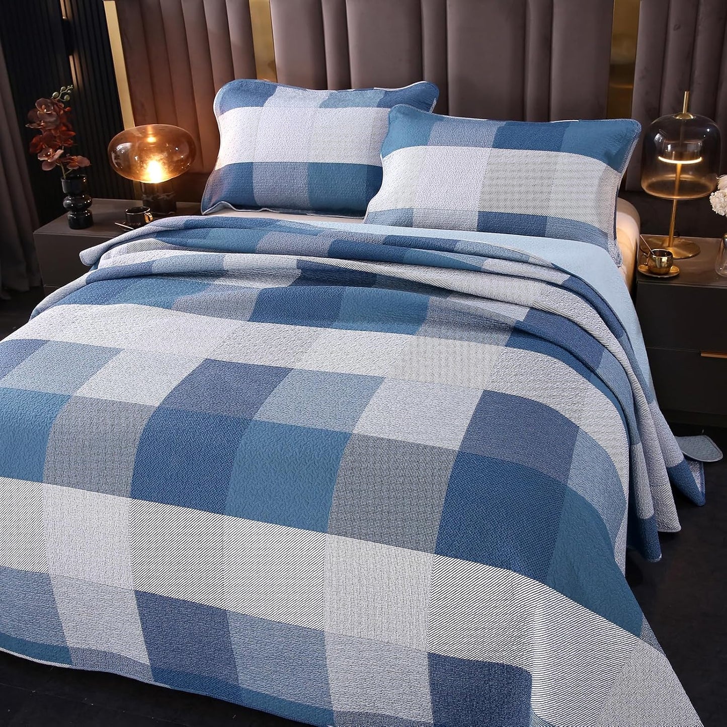 vctops Cotton Quilted Patchwork Quilt Set Queen Size Farmhouse Blue Plaid Bedspreads Coverlet 3 Pieces Summer Lightweight 1 Quilt and 2 Pillow Shams for All Season (Plaid A,Queen)