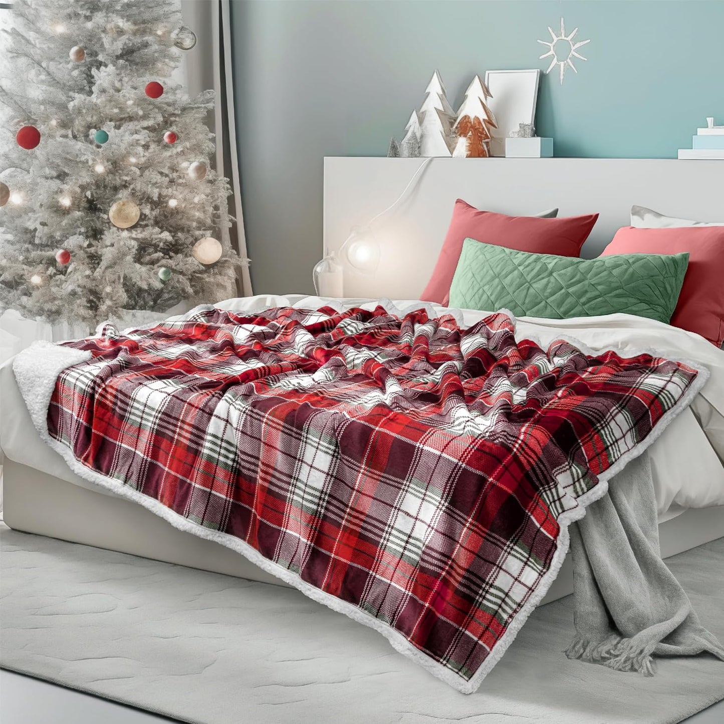 PAVILIA Christmas Plaid Blanket | Sherpa Fleece Flannel Throw Blanket | Christmas Plaid Warm Plush Microfiber Blanket for Couch Sofa | 60x80 Inches