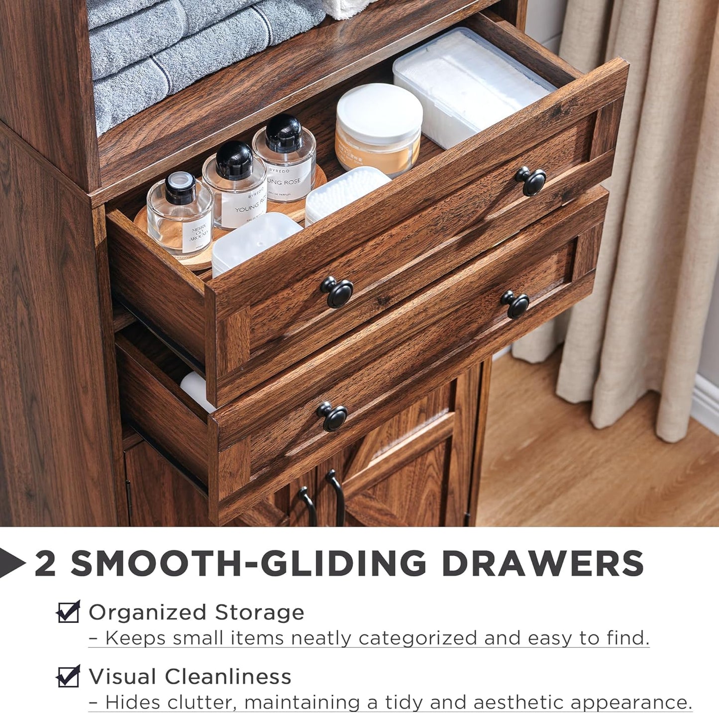 ACCOHOHO 72" Tall Bathroom Storage Cabinet, Farmhouse Storage Cabinet with Adjustable Shelves, Barn Door & 2 Drawers, Cabinet for Bathroom, Living Room & Kitchen, Brown