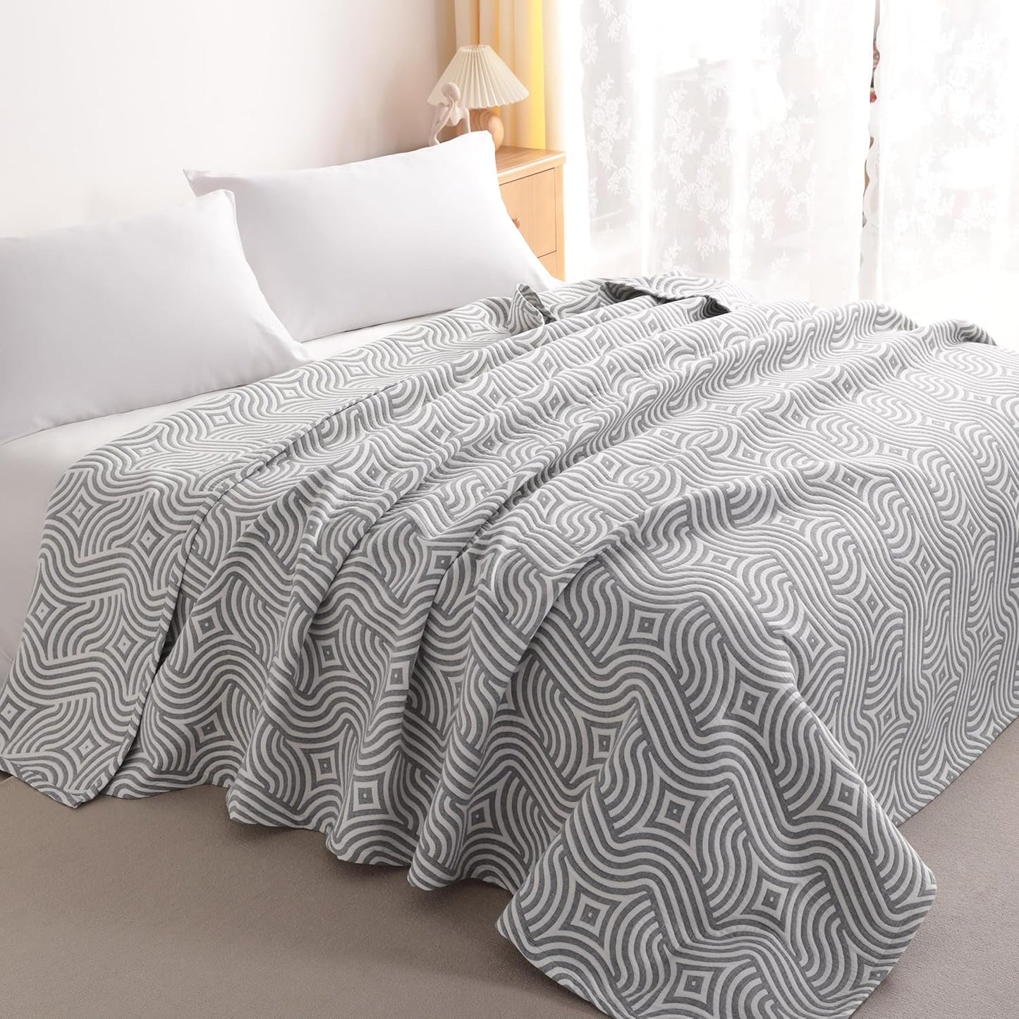 NTBAY 3 Layers Cotton Muslin 68x92 Twin Bed Blanket, Super Soft Breathable Thermal Yarn Dyed Quilt for Adults, Perfect Lightweight Blanket for Couch Sofa Bed All Seasons, Grey Geometric Ripples