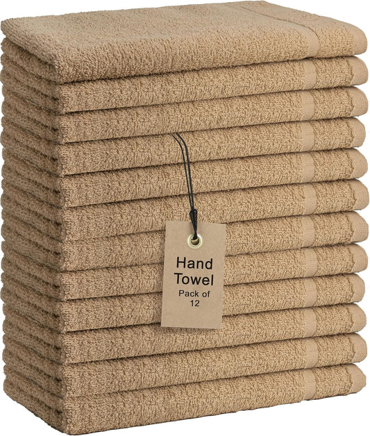 Basic Hand Towels 16x26 Inches – Pack of 12 – Beige Color – Soft and Absorbent Multipurpose Cotton Towels for Bathroom, Spa, Gym, Salon, Hotel, and Everyday Use