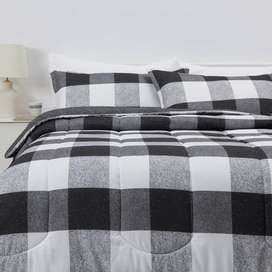 Amazon Basics Lightweight Microfiber Comforter Sets, 3-Pieces, Black/White, Checkerboard, King