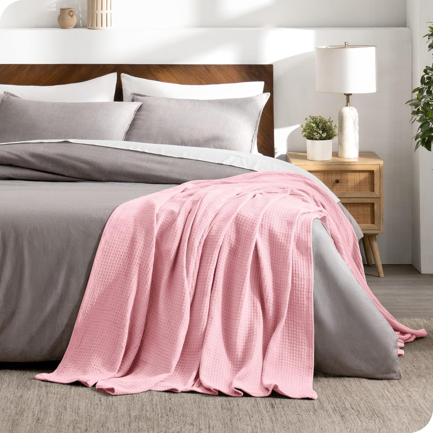 Bare Home Light Pink Waffle Blanket, 108Wx90L, 100% Cotton, Soft & Breathable for All Seasons, Lightweight Blanket, Perfect for Layering Bed, Sofa & Couch (King/Cal King, Light Pink)