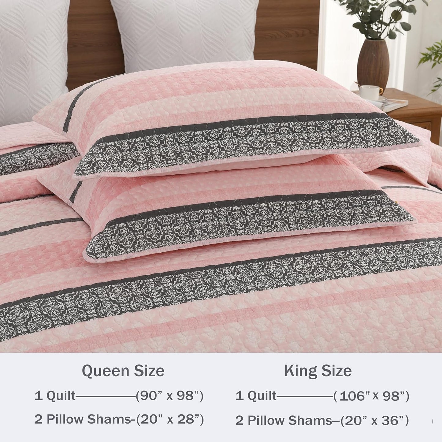 Homzard Quilts Queen Size, Cotton Comforter Set, Light Pink and Grey Queen Bed Set, Lightweight Striped Bedding, Farmhouse Bedspread All Season 3 Pieces