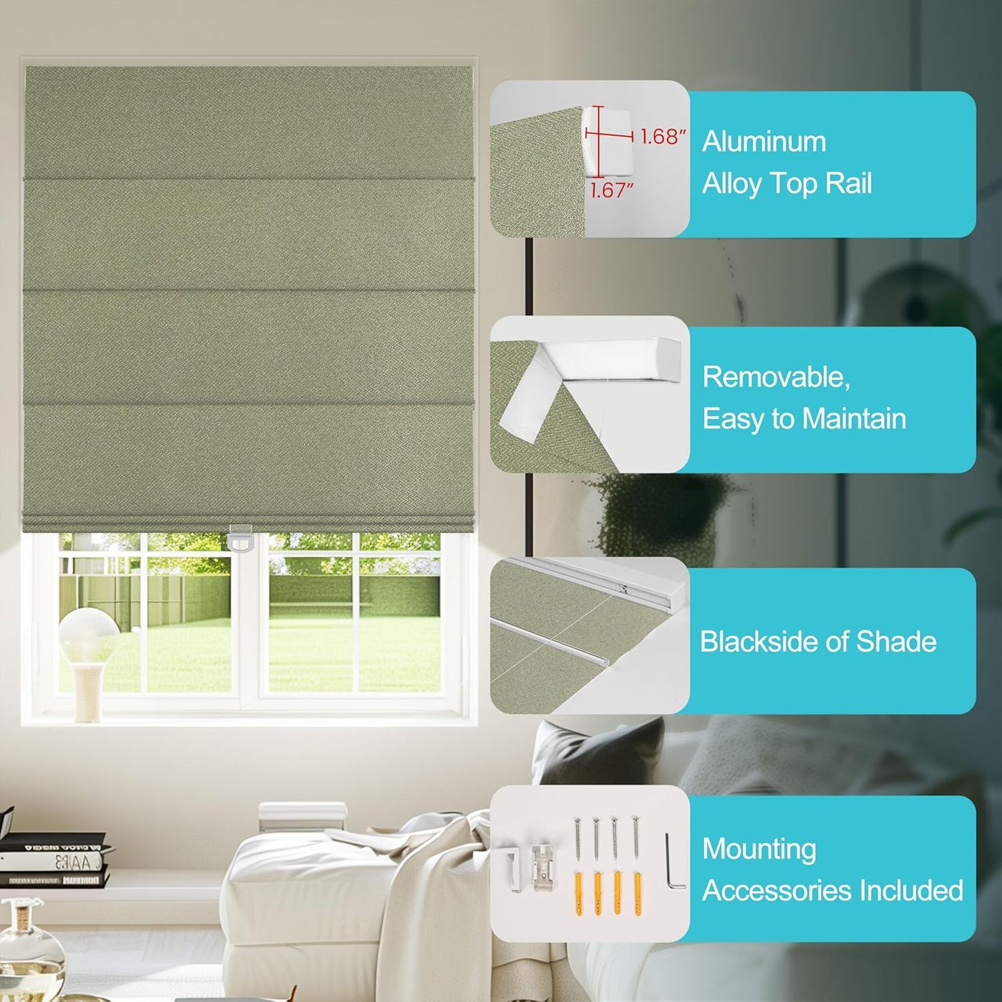 BERISSA Blackout Roman Shades for Windows Cordless,Pull Down Linen Fabric Roman Blinds,Thermal Insulated Window Shades for Door Windows,Bedroom,Office,Easy to Install,Green,Custom Size
