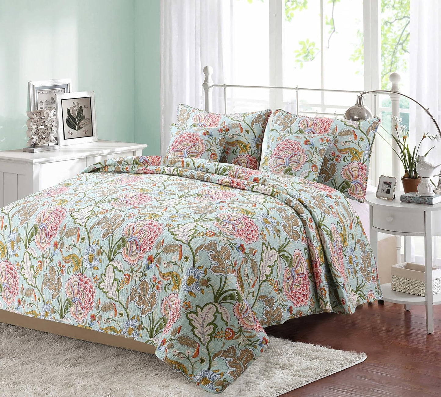 Cozy Line Home Fashions Blooming Red White Floral 100% Cotton Reversible Quilt Bedding Set, Coverlet Bedspread (Camellia Green, King - 3 Piece)
