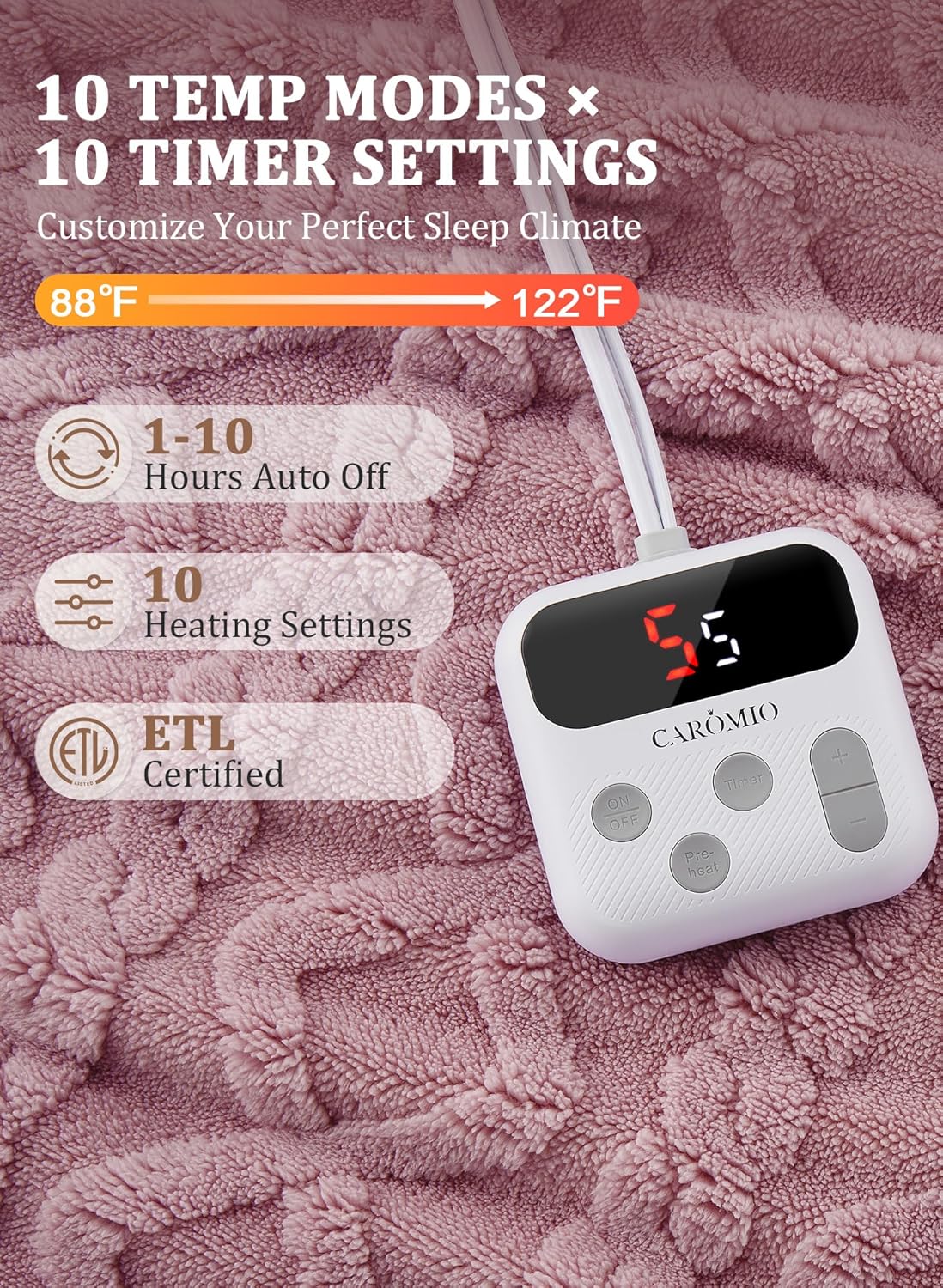 CAROMIO Electric Blanket Twin Size - Thick Tufted Sherpa Heated Blanket Twin with 6 Heating Levels and 8 Time Settings, UL Certified Machine Washable Fast Heating Blanket Twin 62"×84", Dusty Pink