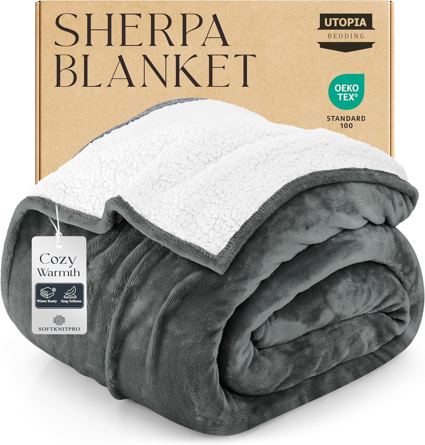 Utopia Bedding Sherpa Blanket Full Size (Grey, 90x84 Inches) - Soft Lightweight Plush Fleece Reversible Blanket for Bed, Sofa, Couch, Camping and Travel