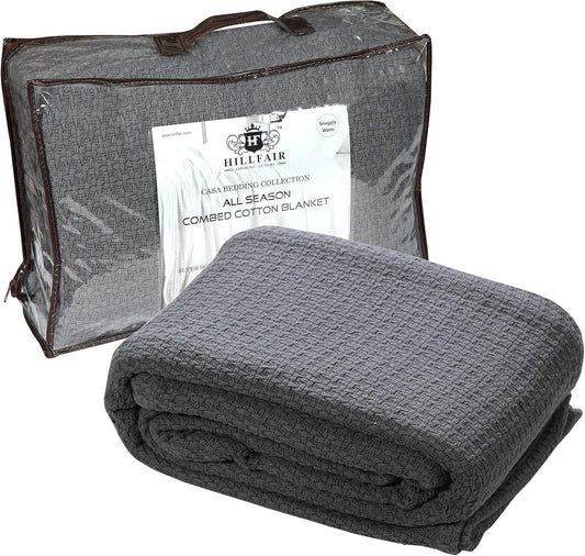 HILLFAIR 100% Soft Premium Combed Cotton Thermal Blanket– Queen Bed Blankets– Soft Cozy Warm Bed Throw Blanket– All Season Grey Queen Cotton Blankets