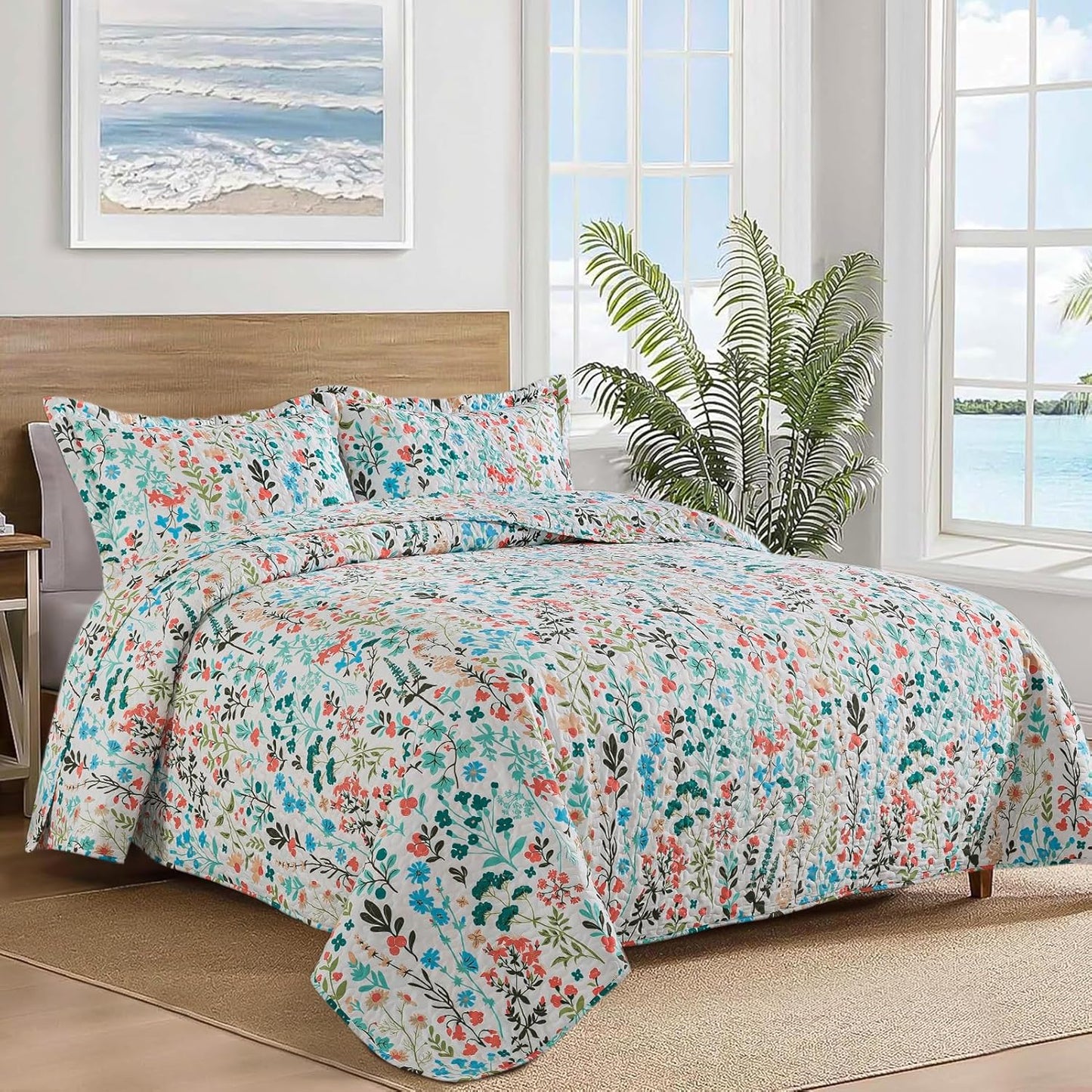 BEDIFANY Queen Size Quilt Bedding Set - Cotton Filling Lightweight Reversible Bedspread with Botanical Floral Pattern, Farmhouse Bed Coverlet for All Seasons, 3-Piece Set (90x98 Inches)