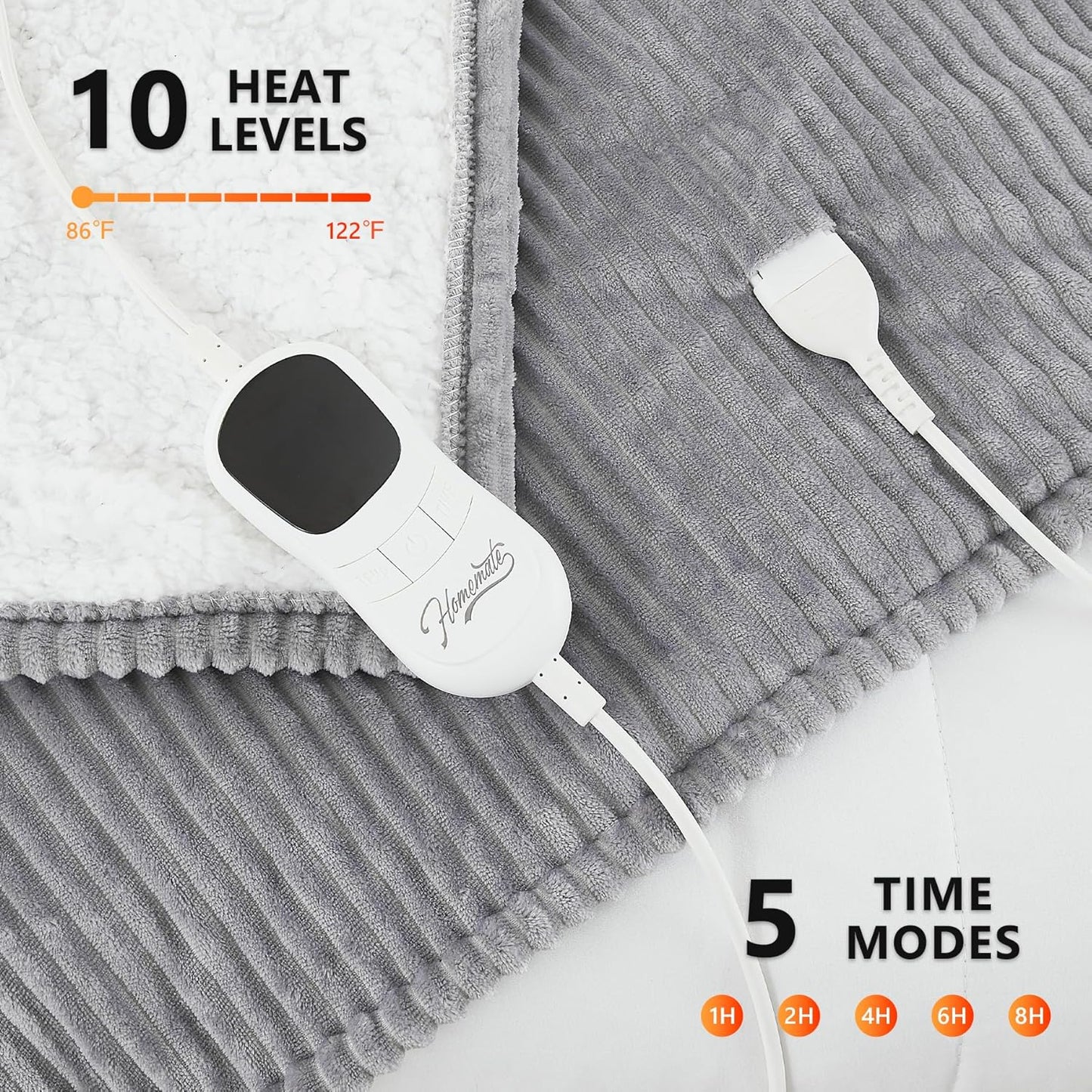 Homemate Electric Heated Blanket Twin Size - 62"x84" Heating Blanket Twin Size 1/2/4/6/8 Hours Auto-Off 10 Heat Level Over-Heat Protection Soft Flannel Sherpa ETL Certification
