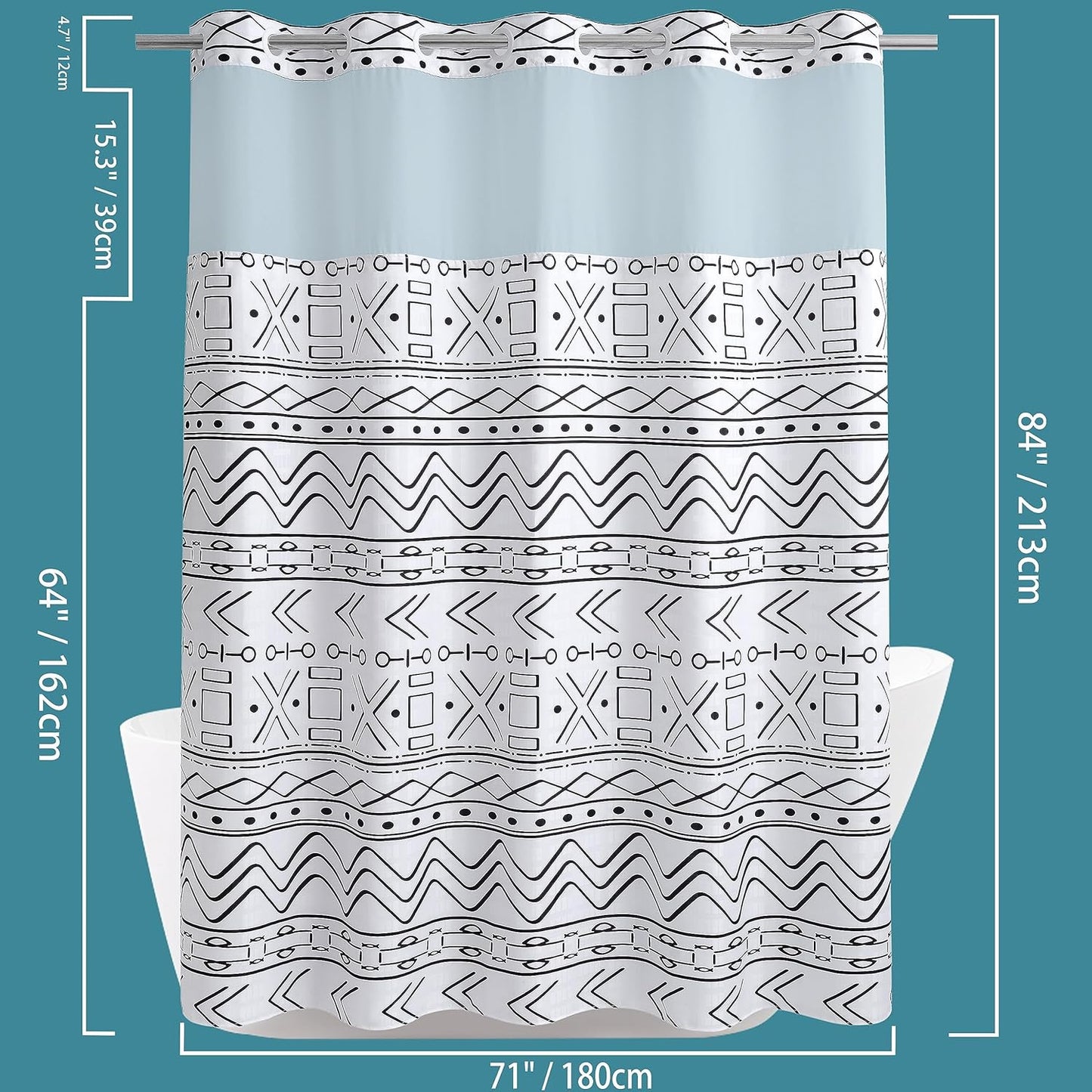 Conbo Mio Extra Long No Hook Boho Shower Curtain with Snap in Liner Set, Hotel Luxury White Shower Curtains for Bathroom with See Through Top Window, Waterproof, Washable 71W x 84H