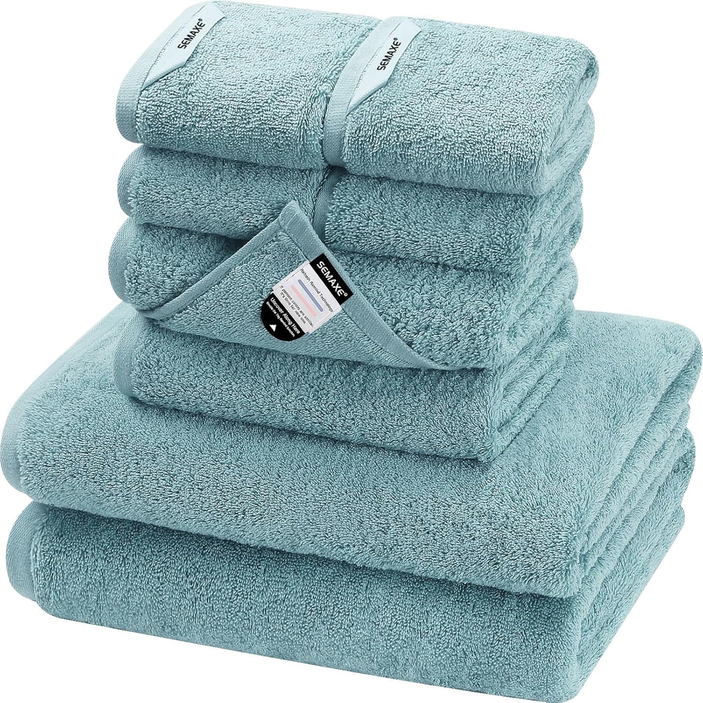 SEMAXE Bath Towel Set, 100% Cotton Bathroom Towels with Hanging Loops and Nano-Bio Lifecycle Labels, 8 Piece Towel Set Include 2 Bath Towels, 2 Hand Towels, 4 Washcloths, Blue