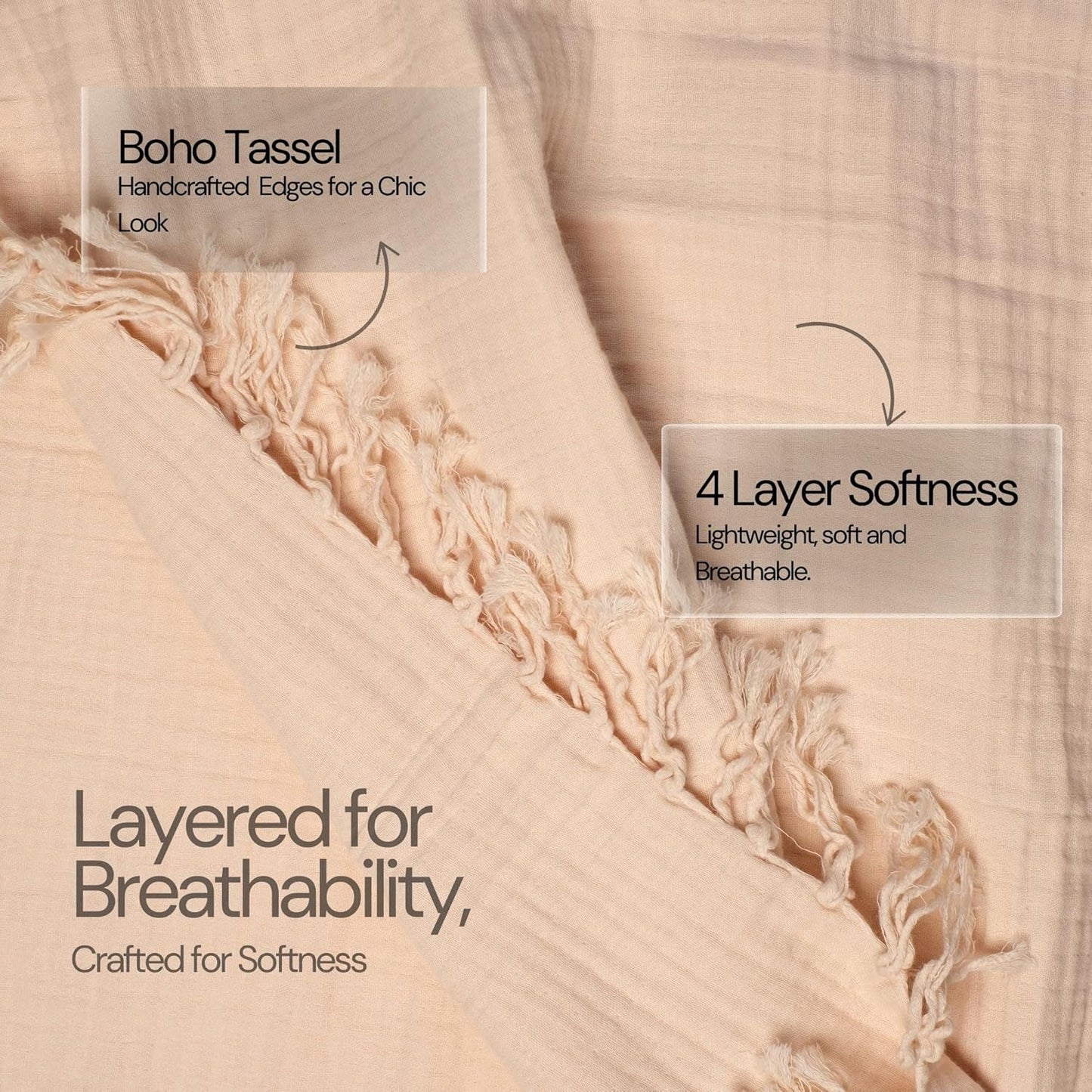 Salt Earth 100% Cotton Muslin Throw Blanket, Gauze Blanket 50"X60" Throw with Tassel 4 Layered for Couch, Bed, Living Room, Home,Lightweight & All Season Blankets & Throws, Skin Friendly (Parchment)