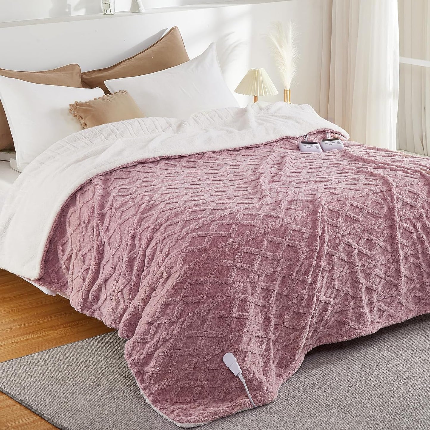 CAROMIO Electric Blanket King Size Dual Control - Thick Tufted Sherpa Heated Blanket King with 10 Heating Levels and 10 Time Settings, ETL Certified Fast Heating Blanket King Size 90"×100", Dusty Pink