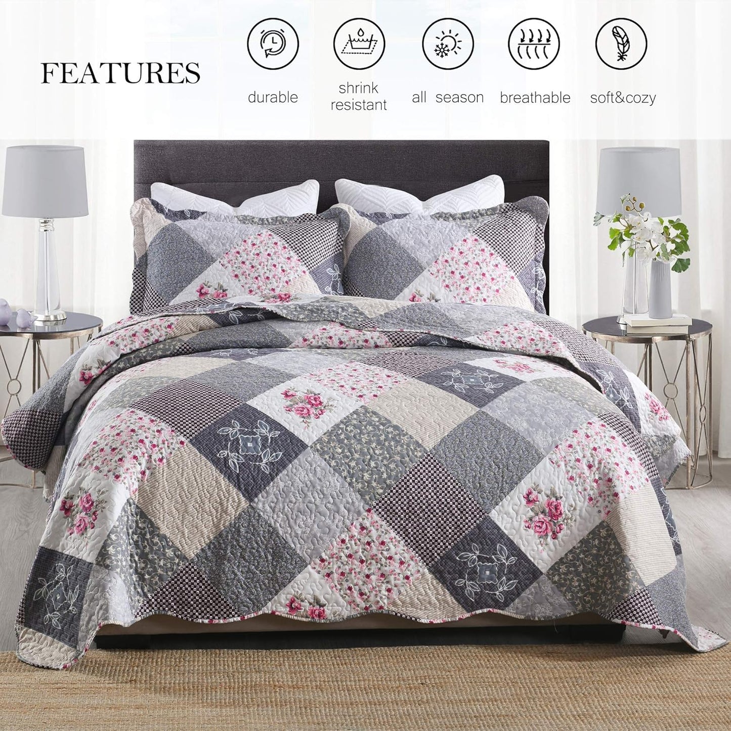 ENJOHOS Farmhouse Quilts King Size - King Quilt Set Grey Bedspread Reversible Patchwork Floral Coverlet Set, Microfiber Lightweight Country Quilts Bedding Set with 2 Pillow Shams（Grey Flower Plaid2）