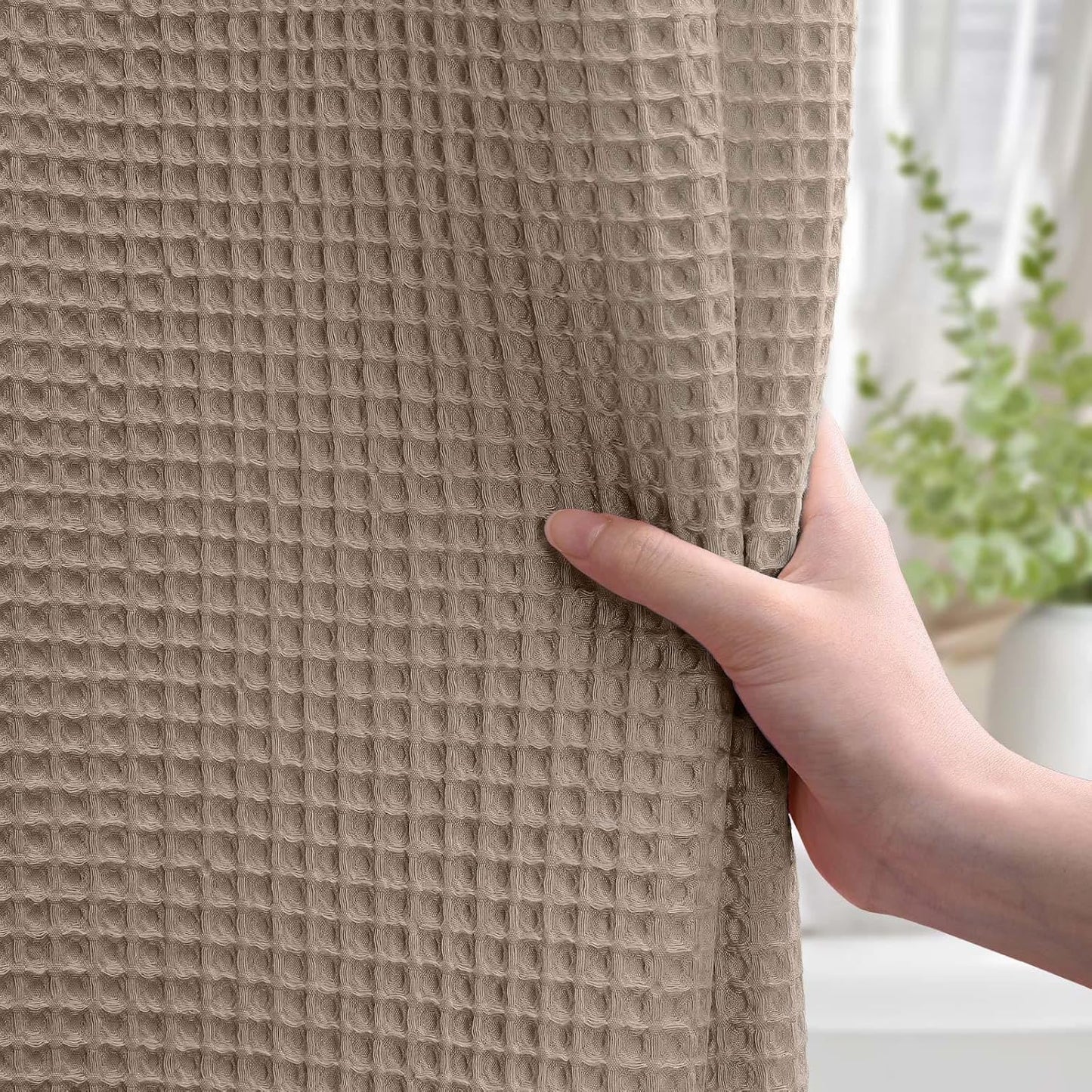 Extra Long Waffle Shower Curtain - Beige Cotton Texture Fabric Heavyweight Shower Curtain for Bathroom,72Wx84L