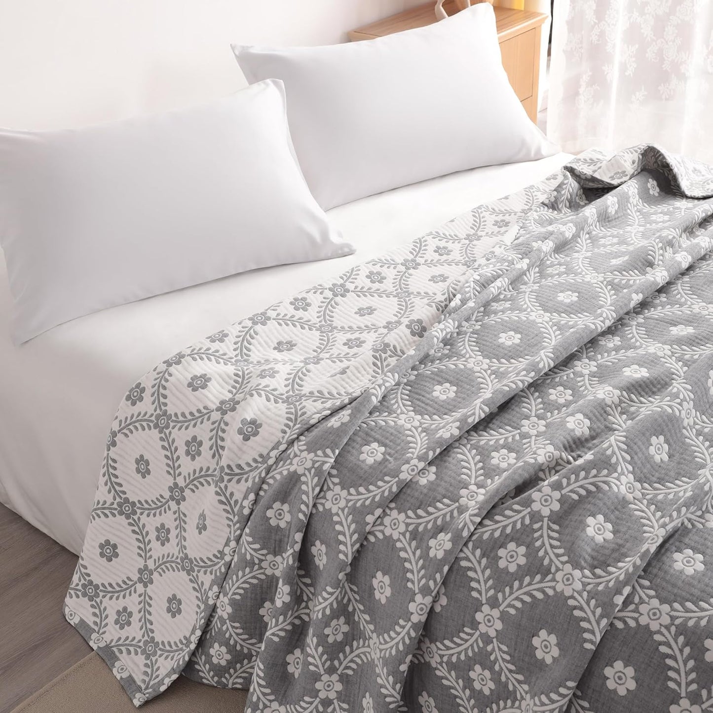 NTBAY 3 Layers Cotton Muslin 68x92 Twin Bed Blanket, Super Soft Breathable Thermal Yarn Dyed Quilt for Adults, Perfect Lightweight Blanket for Couch Sofa Bed All Seasons, Grey Garlands