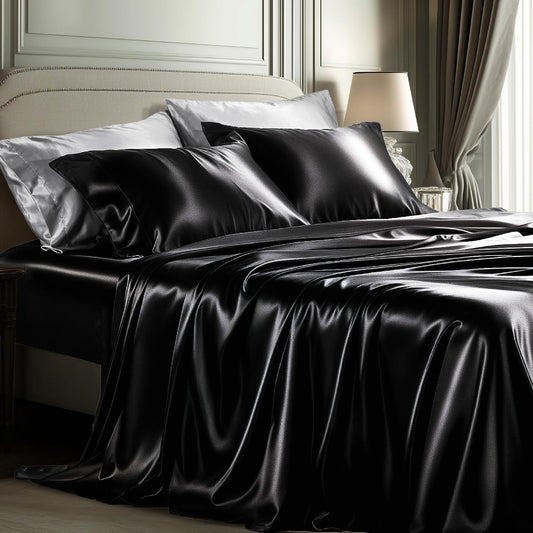 Bedsure Black Satin Sheets Queen Size - 4 Piece Silky Bedsheets with 15 Inches Deep Pocket Fitted Bedsheet,1 Flat Sheet, 2 Satin Pillowcases, Good for Hair & Skin (Queen, Black)