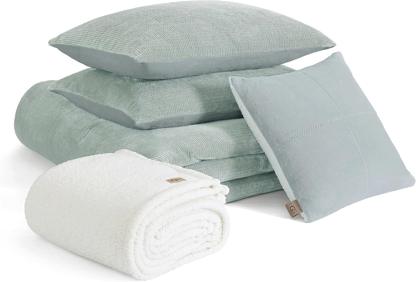 UGG Remina Comforter Set 5 Piece Bed in a Bag with Throw Blanket, Decorative Pillow, Shams, and Reversible Comforter Hypoallergenic Washable Luxury Fluffy Bedding Set, King, Blue Green Clear Creek
