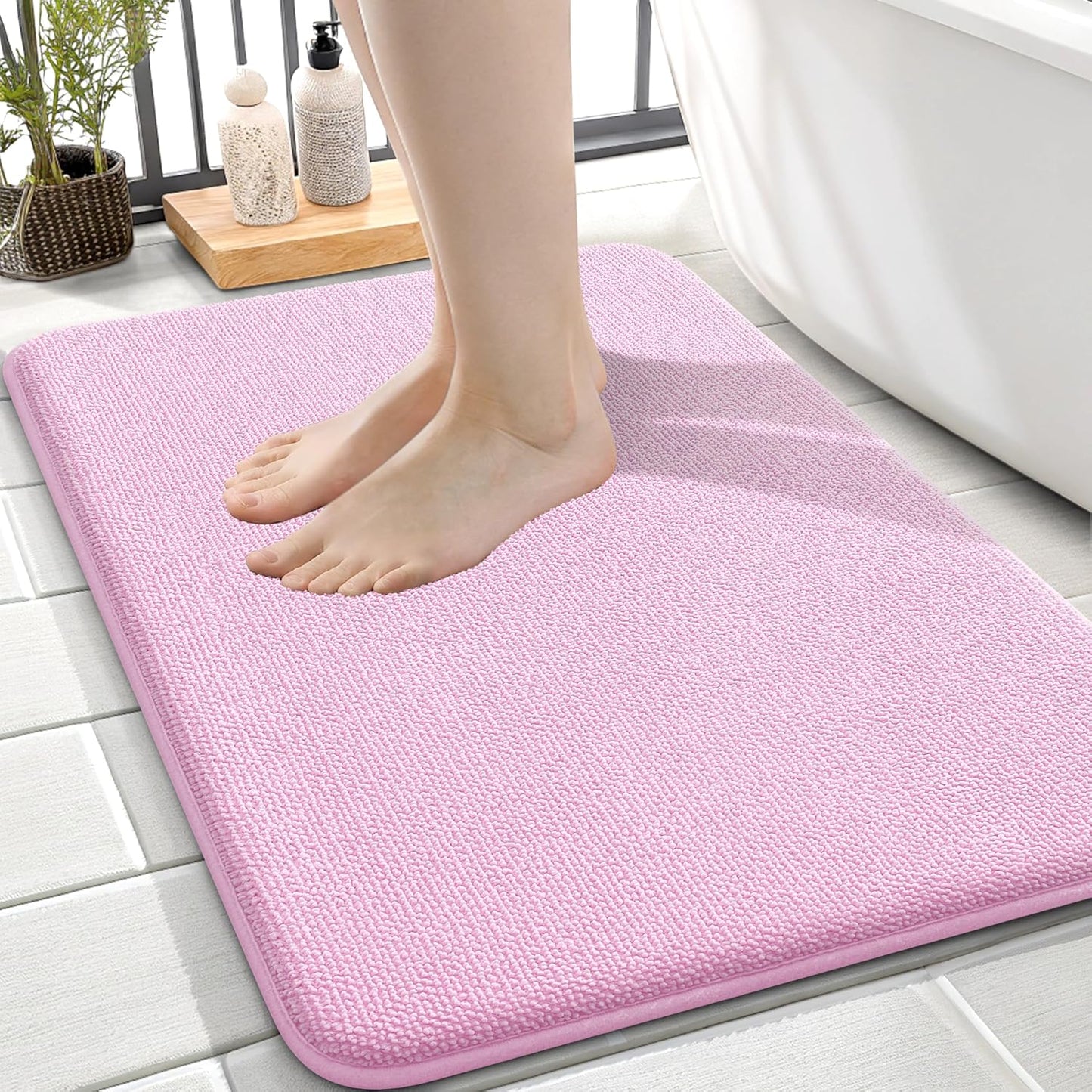 OLANLY Thick Memory Foam Bath Mat Rug 24x16, Extra Soft Absorbent Bathroom Rug, Quick Dry Bath Mats, Non-Slip, Machine Washable Carpet for Bathroom, Tub and Shower, Home Decor Accessories, Pink