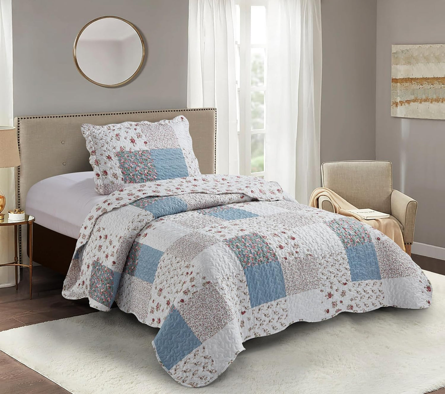 Brilliant Sunshine Pink Rose with Small Blue Check Patchwork, 2-Piece Quilt Set with 1 Sham, Reversible Bedspread, Soft Lightweight Coverlet, All-Season, Twin, Pink Blue