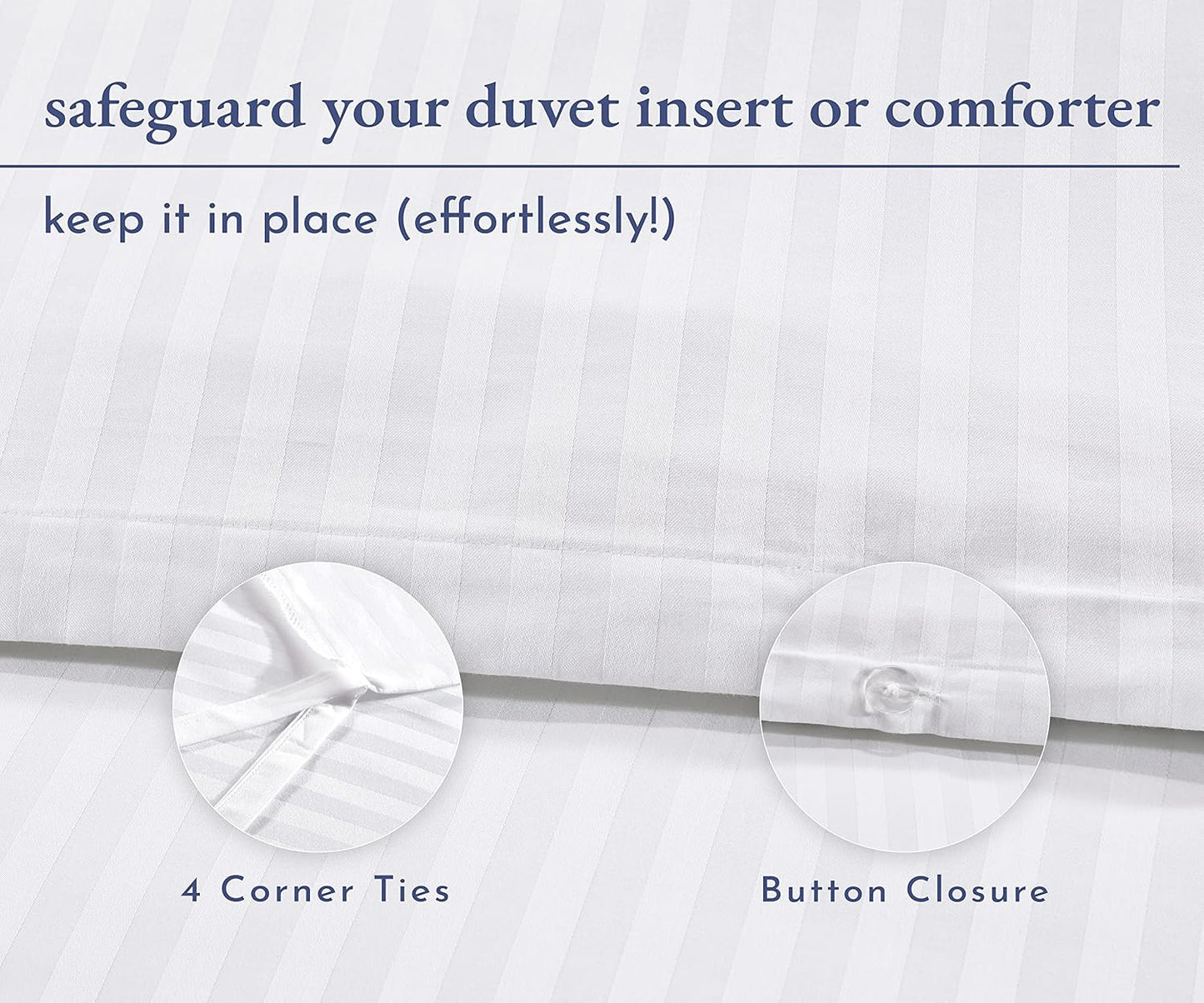 California Design Den Stripe Duvet Cover Queen Size, 400 Thread Count Sateen 100% Cotton Comforter Cover, 2 Pillow Shams, 3-Pc Bedding Set, Button Closure, Corner Ties (White Stripes, Full/Queen)