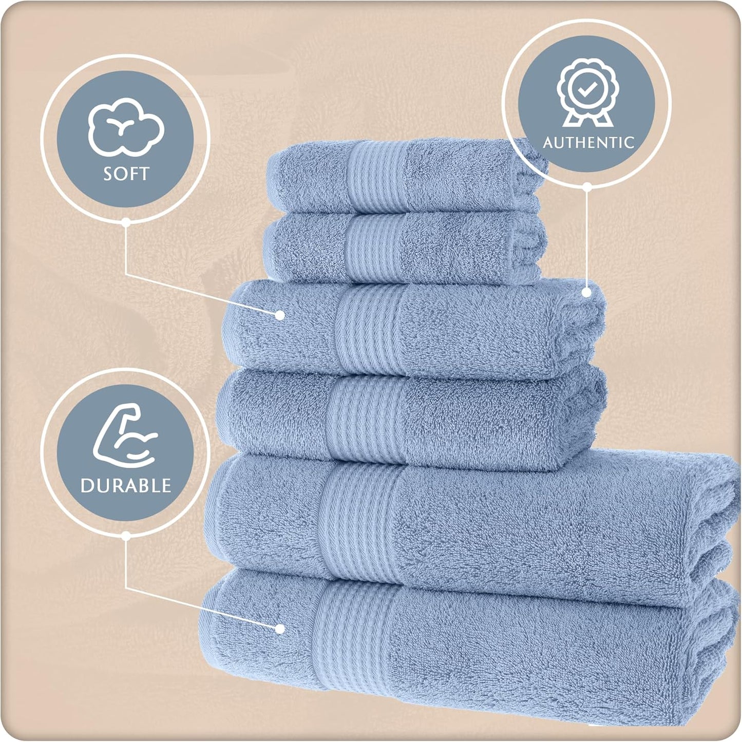 MAURA Basics Bath Towel Sets for Bathroom with Hanging Hook Loops. 2 Bath Towels, 2 Hand Towels, 2 Washcloths, Soft, Durable, Long Lasting and Absorbent Towels Set, Blue Gray