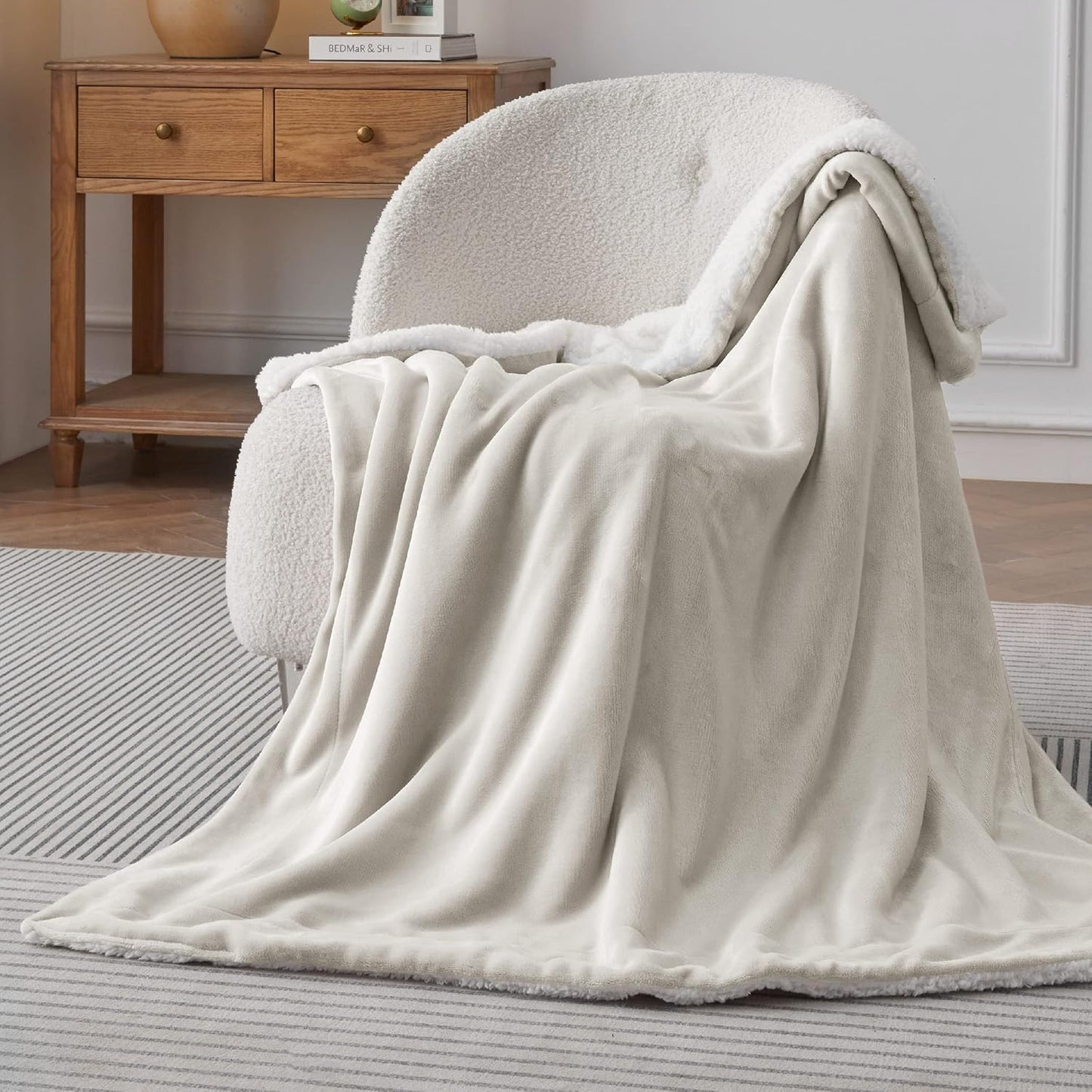 Bedsure GentleSoft Sherpa Fleece Throw Blanket for Couch - Thick and Warm Throw for Women and Men, Soft Fuzzy Plush Blanket for Winter, Linen, 50x60 Inches