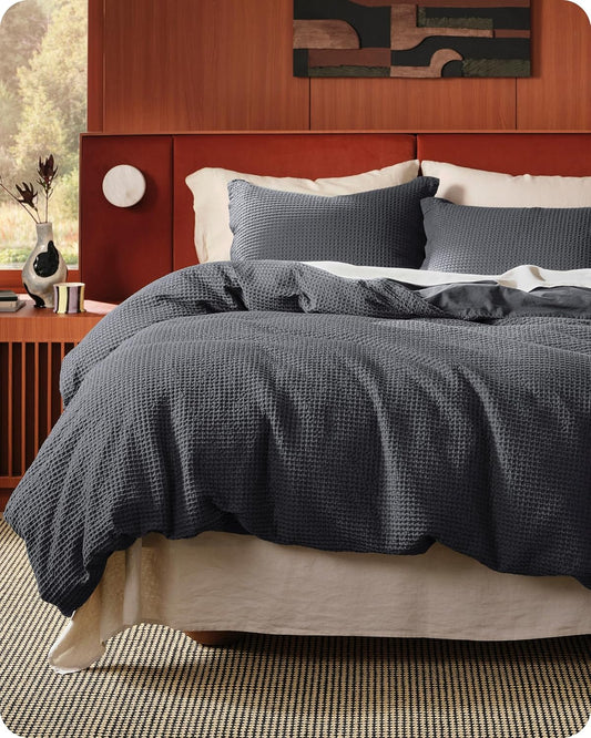 Bedsure Cotton Duvet Cover Full - 100% Cotton Waffle Weave Charcoal Duvet Cover Set, GentleSoft™ and Breathable Bedding Set for All Season, 3 Pieces, 80"x90"