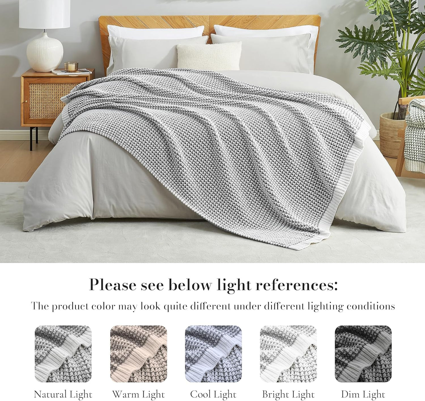 Amélie Home Waffle Chenille Throw Blanket for Couch, Pineapple Stitch Knit Soft Cozy Knit Blanket Decorative Throw for Sofa, Chair, 60"x80", Grey&Ivory