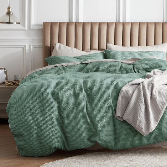 Bedsure Cotton Duvet Cover King - 100% Cotton Waffle Weave Green Duvet Cover King Size, GentleSoft™ and Breathable Bedding for All Season, 3 Pieces, 104"x90"
