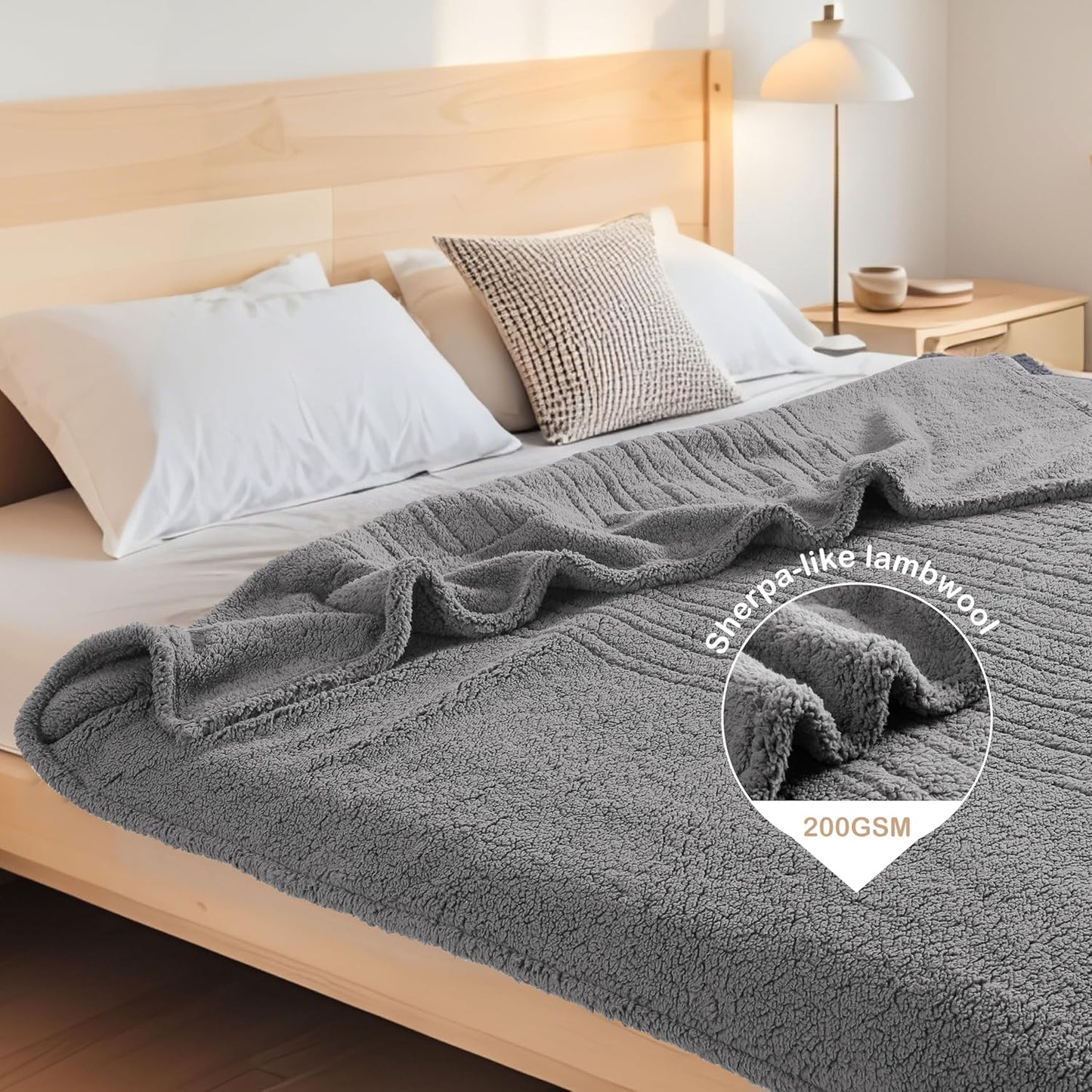 Electric Heated Blanket 6 Heating Settings & 1-10H Auto Off Twin 62×84 Double Sided Plush Sherpa Ultra-Soft Warm Thick, Machine Washable, Fast Heating, Home Office Light Gray