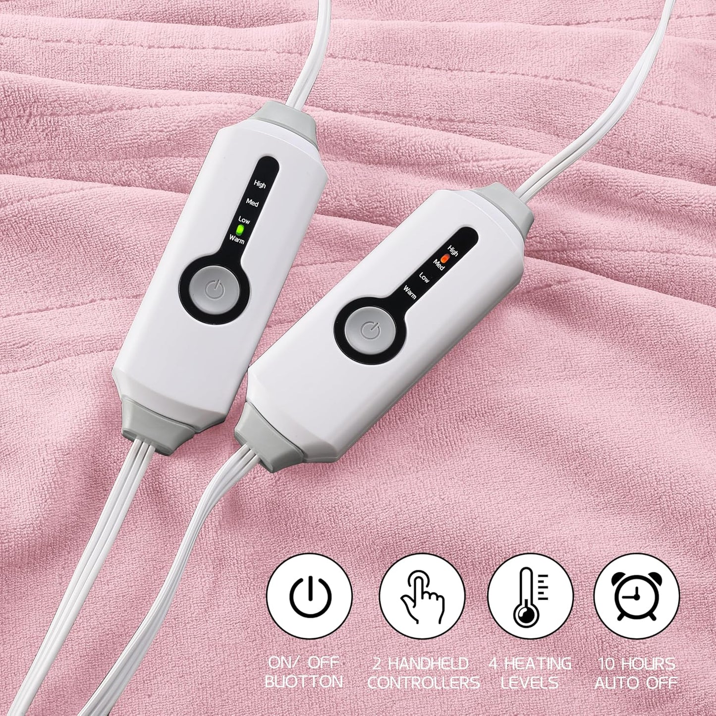 Electric Heated Blanket 84"x90" Queen Size, Soft Coral Fleece, Dual Controllers with 4 Heating Levels and 10 Hours Auto-Off, Machine Washable, Cozy Plush Fabric for Home, Pink