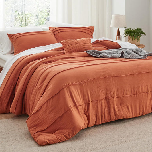 Bedsure California King Comforter Set - 4 Pieces Pinch Pleat Bed Set, Burnt Orange Boho Bedding for All Season, 1 Soft Comforter, 2 Pillowcases, 1 Decorative Pillow