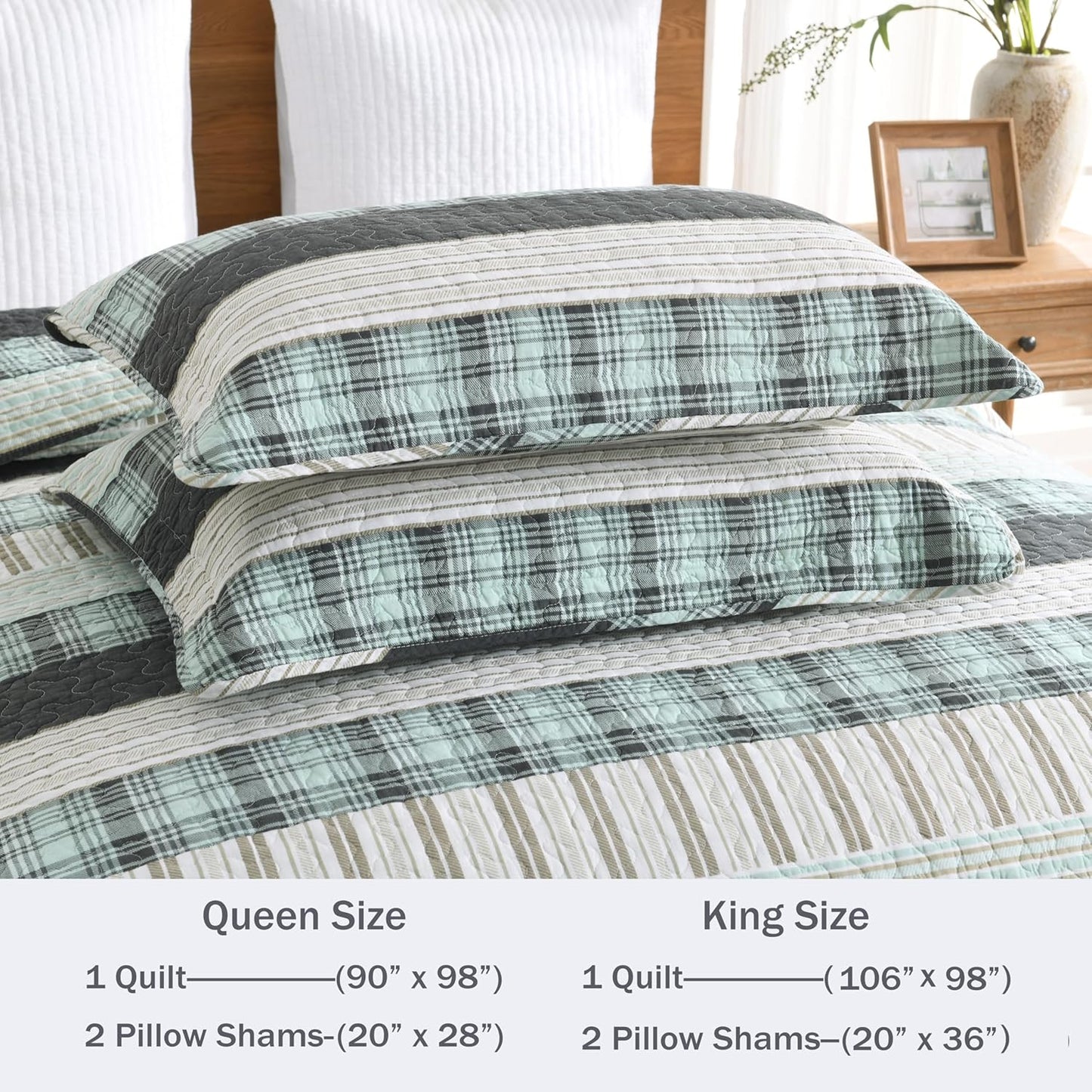 Homzard Queen Comforter Set，Cotton Quilts Queen Size，Teal Black Beige Bedding，Plaid Striped Bedspread，Lightweight Reversible Coverlet All Season 3 Pieces