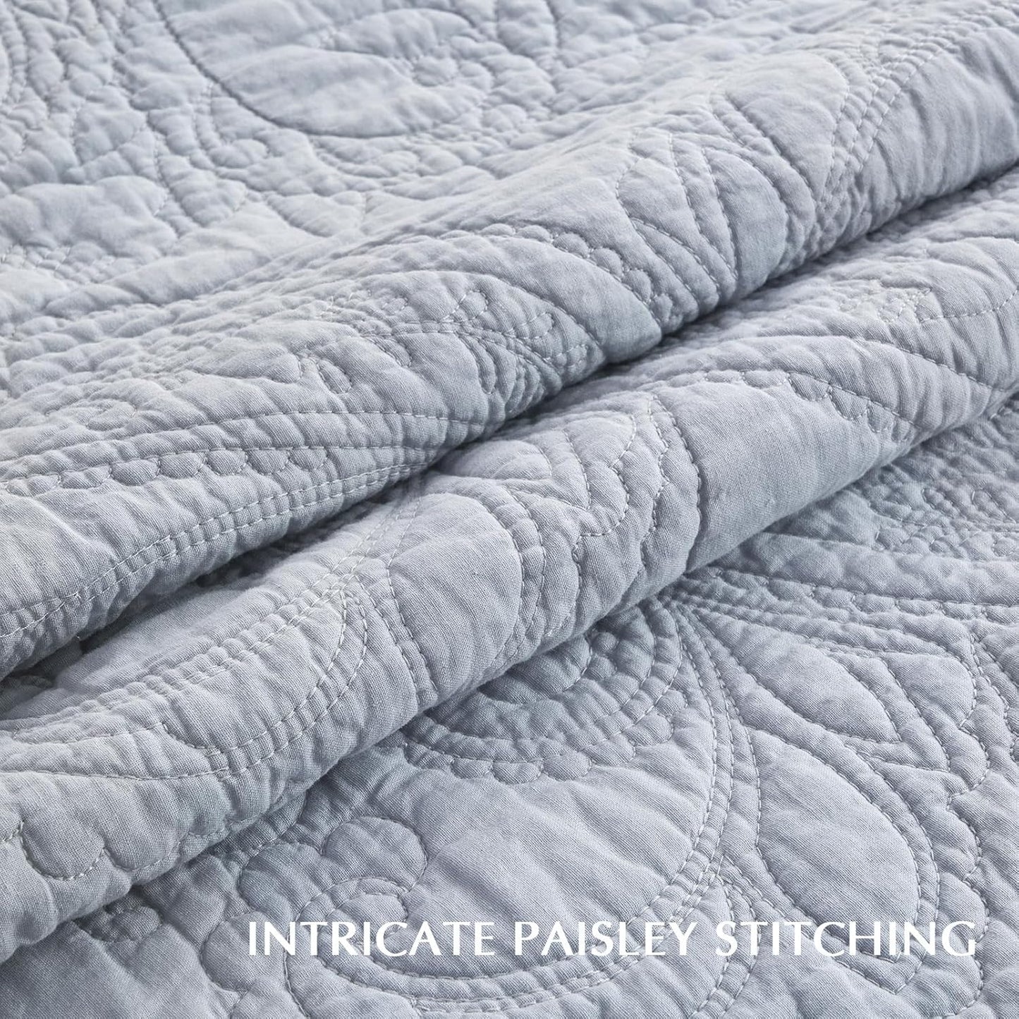 EVERGRACE 100% Cotton Paisley Quilt Set, King Size 3 Piece Set – Prewashed Lightweight Bedspread with 2 Shams, Soft & Breathable Matelasse Coverlet for All-Season Comfort, Pearl Blue